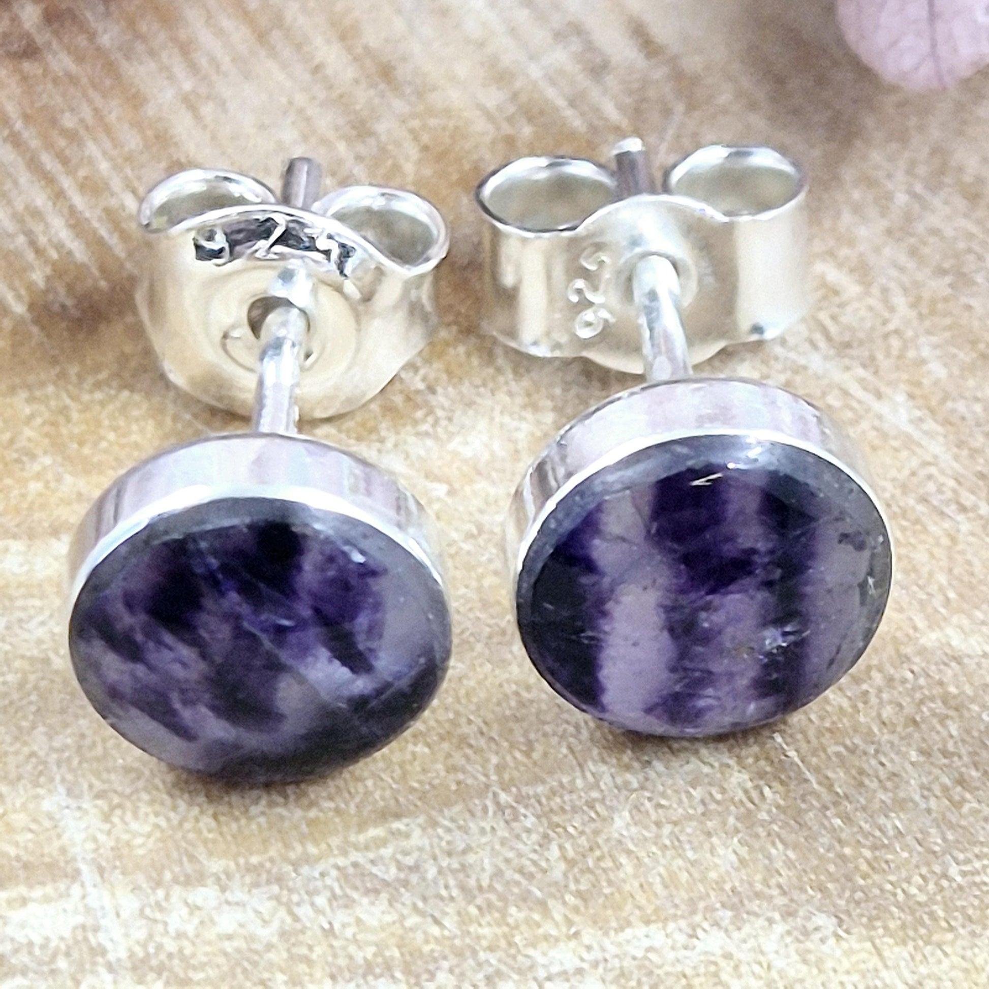 Blue John Stud Earrings: Handmade Sterling Silver 6mm Derbyshire Spar Jones Stones