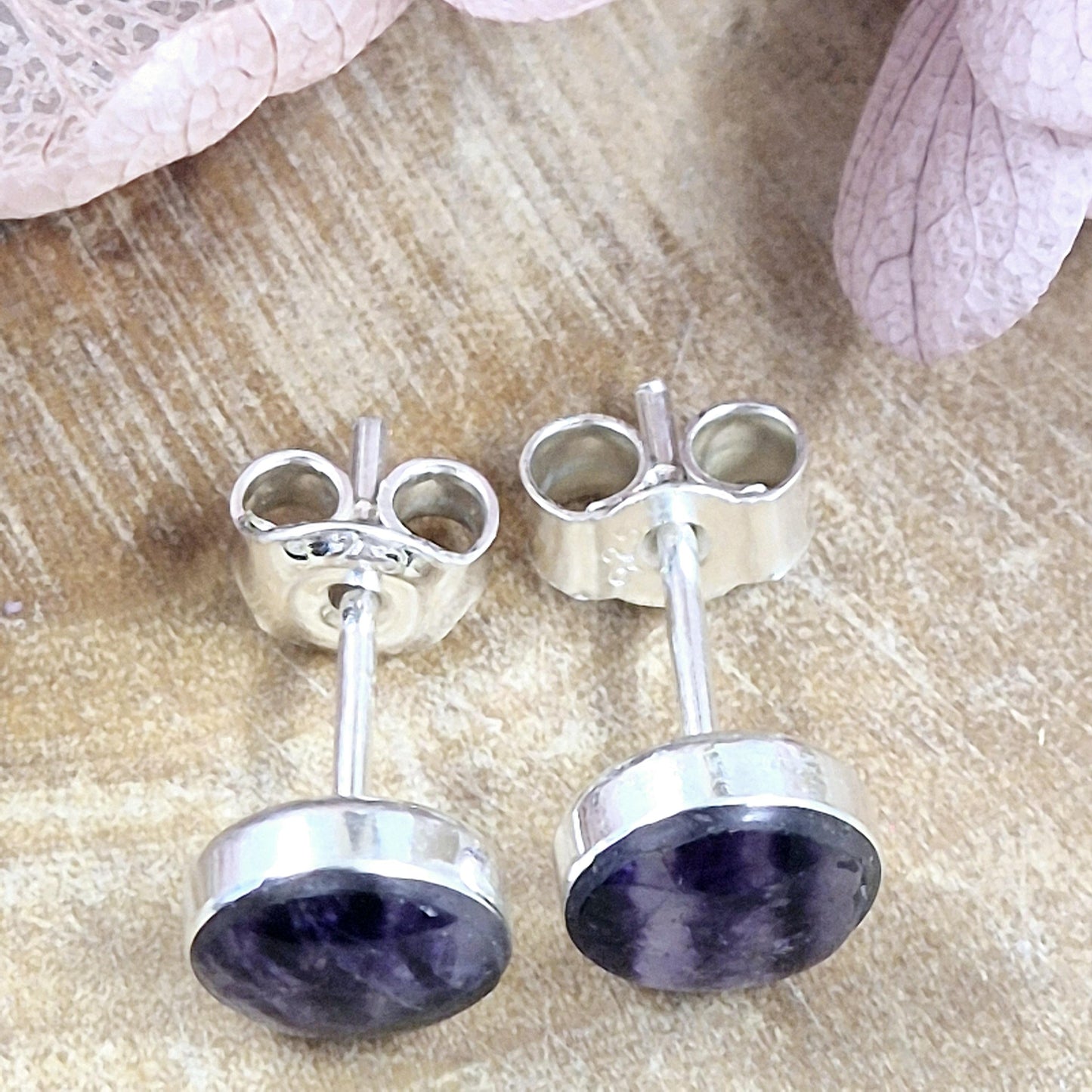 Blue John Stud Earrings: Handmade Sterling Silver 6mm Derbyshire Spar Jones Stones