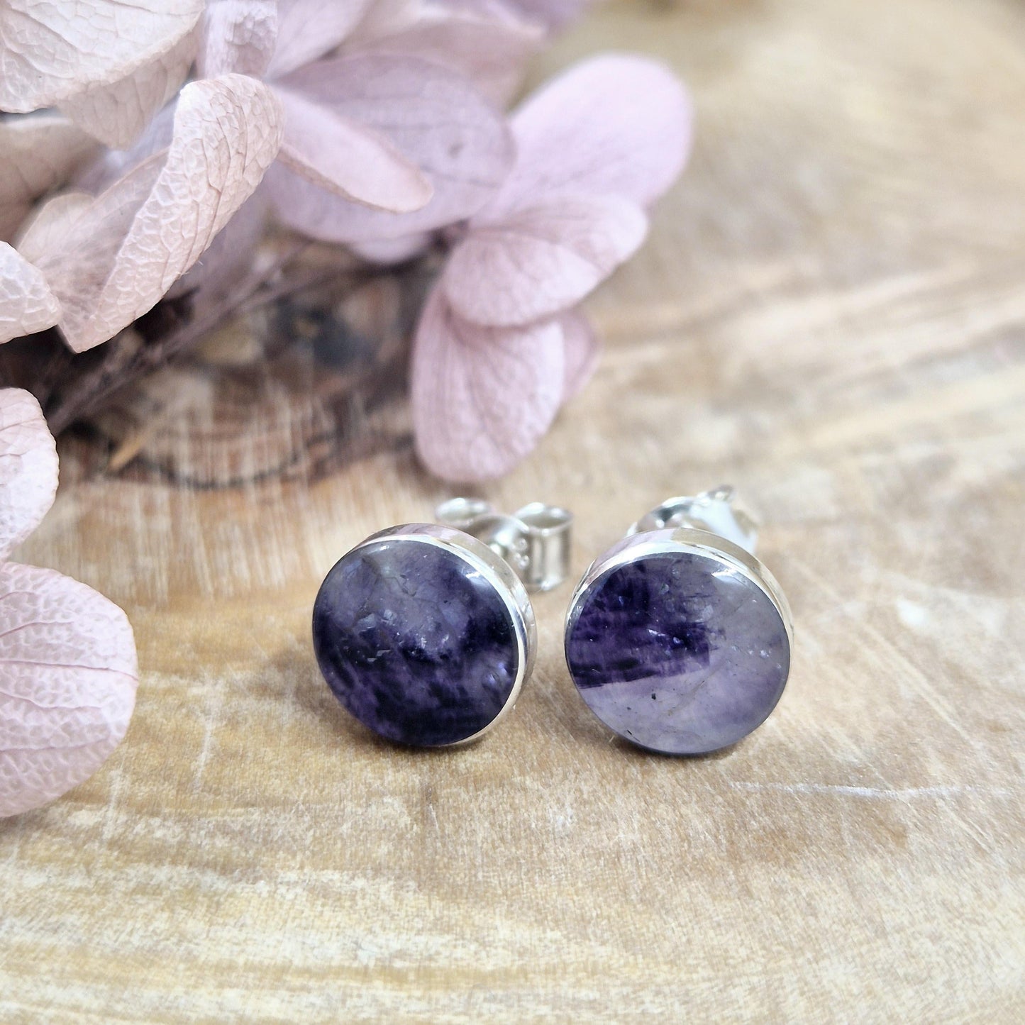 Blue John Stud Earrings: Handmade Sterling Silver, Derbyshire Spar Jones Stones