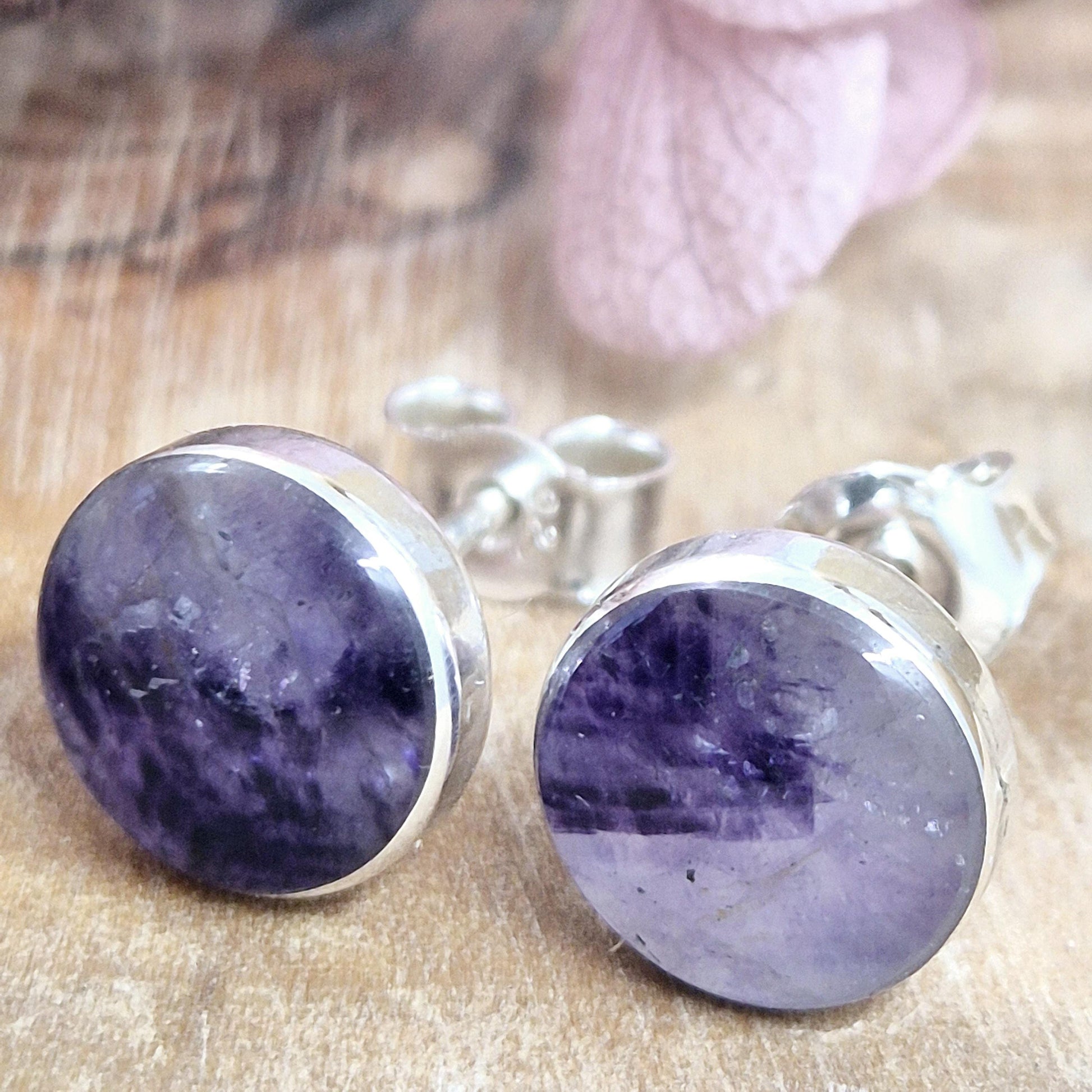 Blue John Stud Earrings: Handmade Sterling Silver, Derbyshire Spar Jones Stones