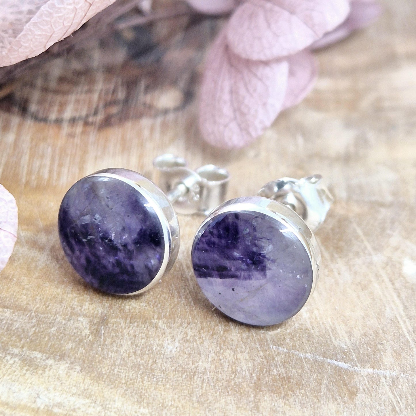 Blue John Stud Earrings: Handmade Sterling Silver, Derbyshire Spar Jones Stones