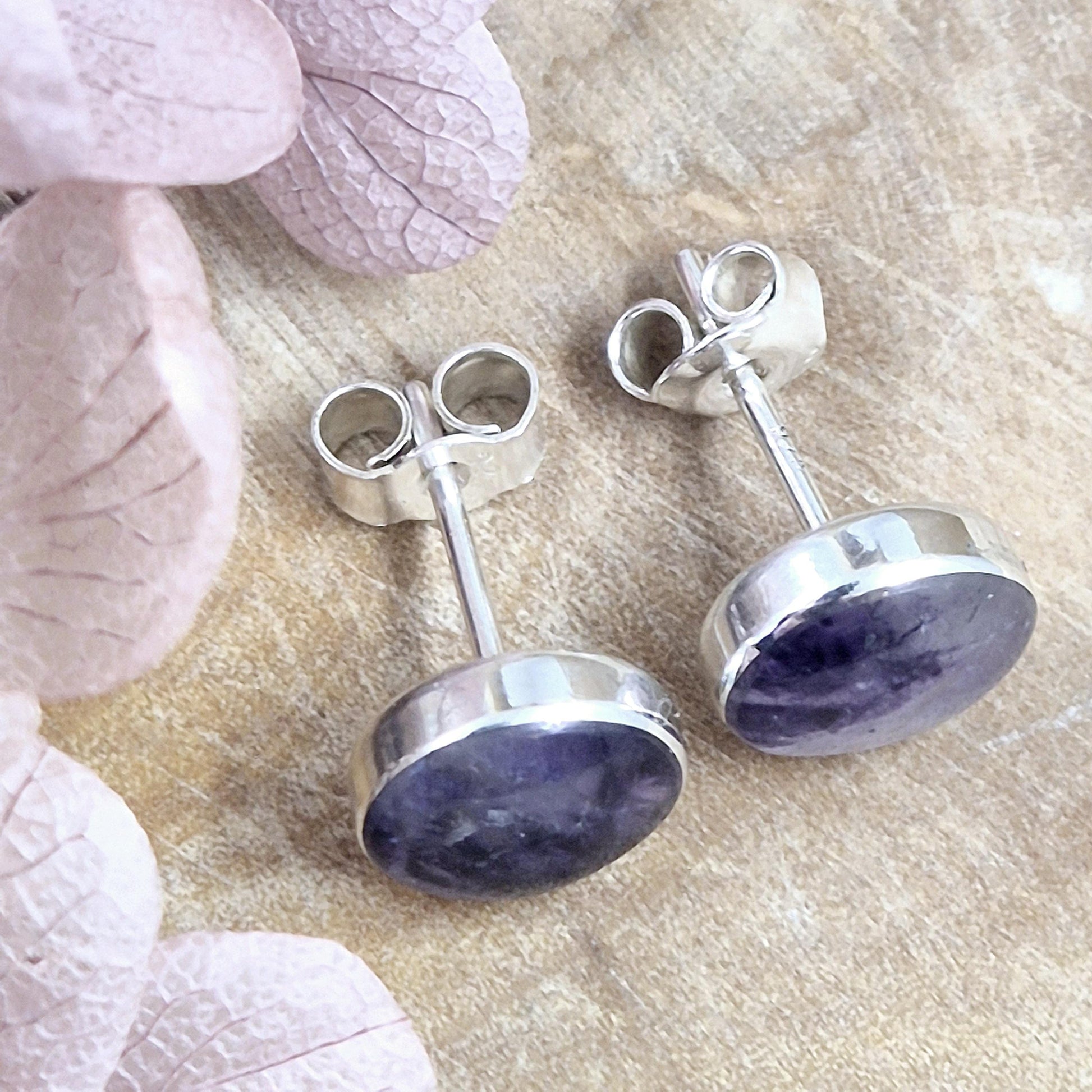 Blue John Stud Earrings: Handmade Sterling Silver, Derbyshire Spar Jones Stones