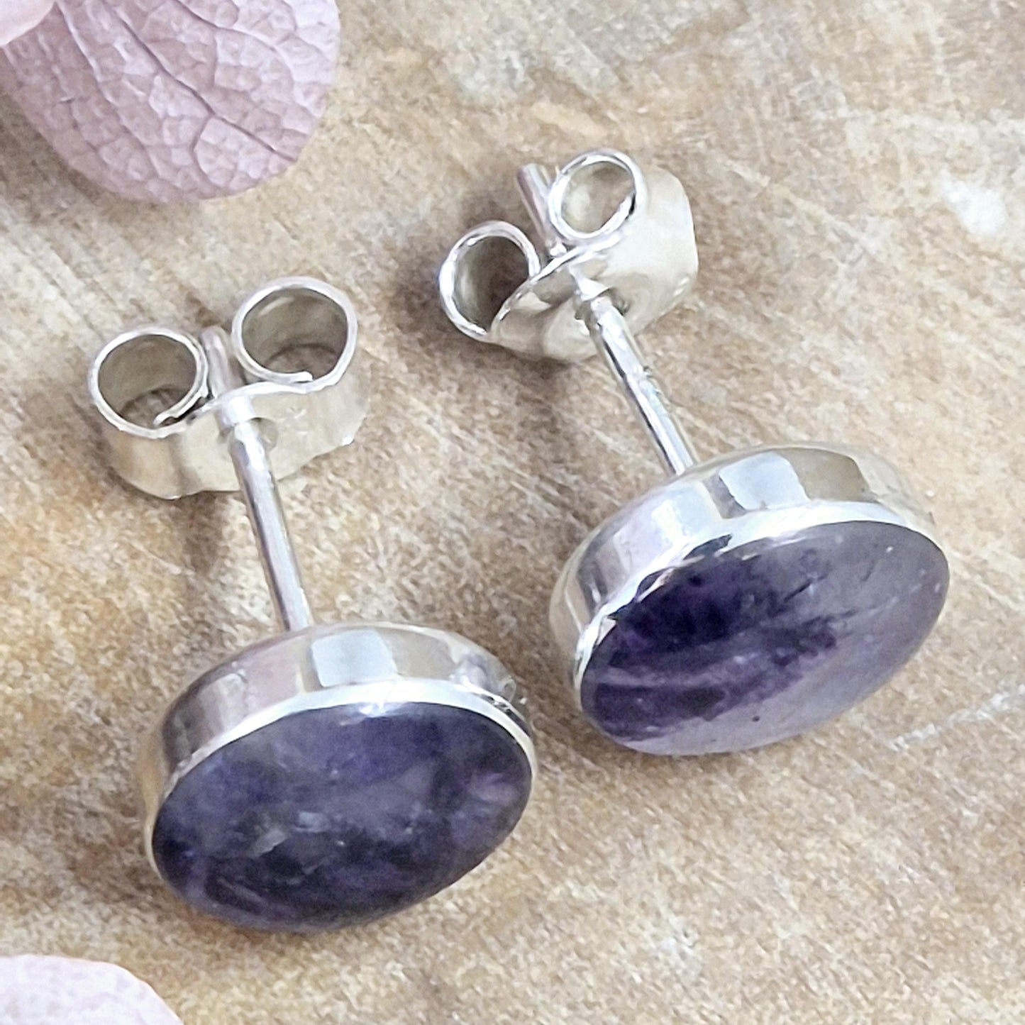 Blue John Stud Earrings: Handmade Sterling Silver, Derbyshire Spar Jones Stones
