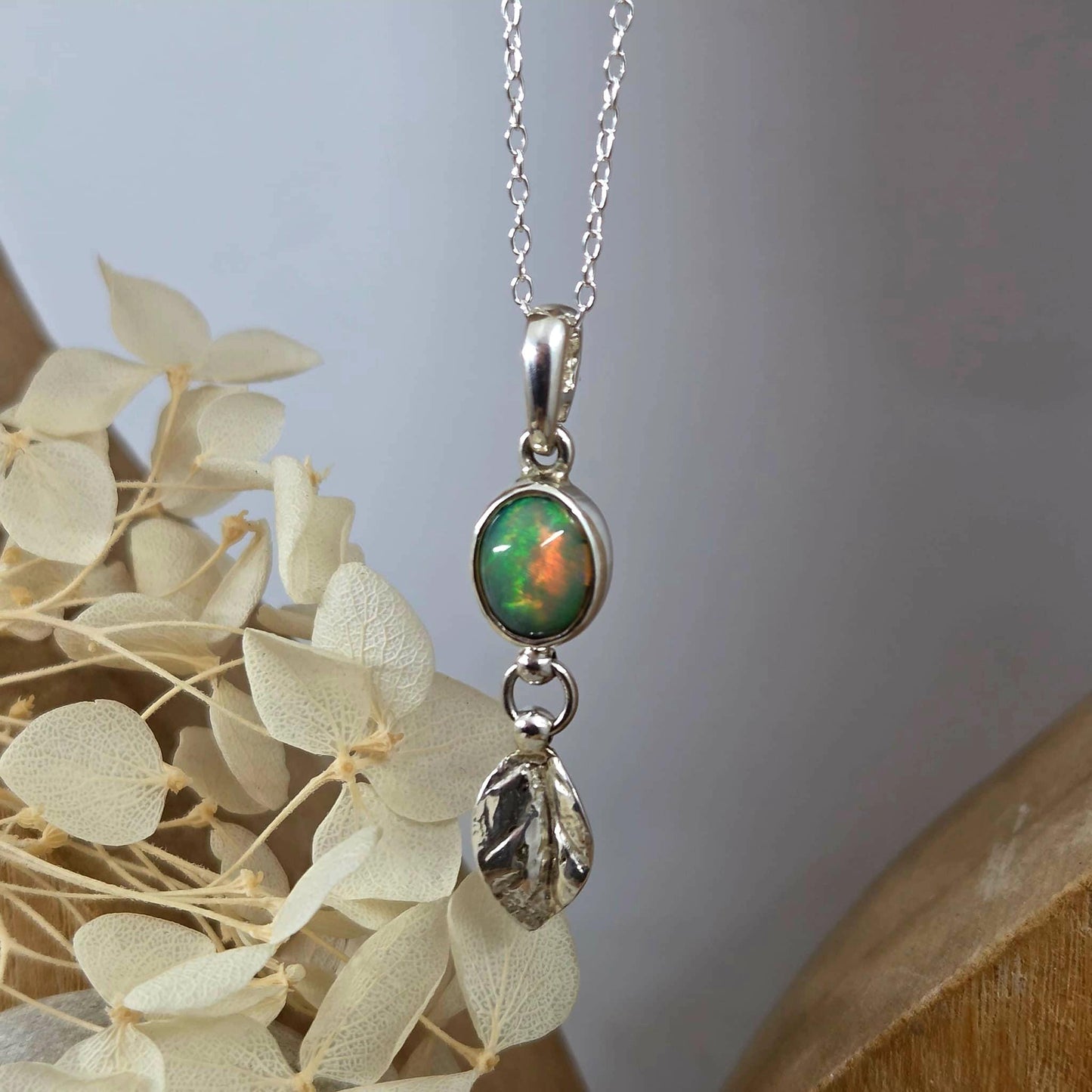 Welo Opal Silver Leaf Pendant: Sterling Silver Ethiopian Crystal Jones Stones