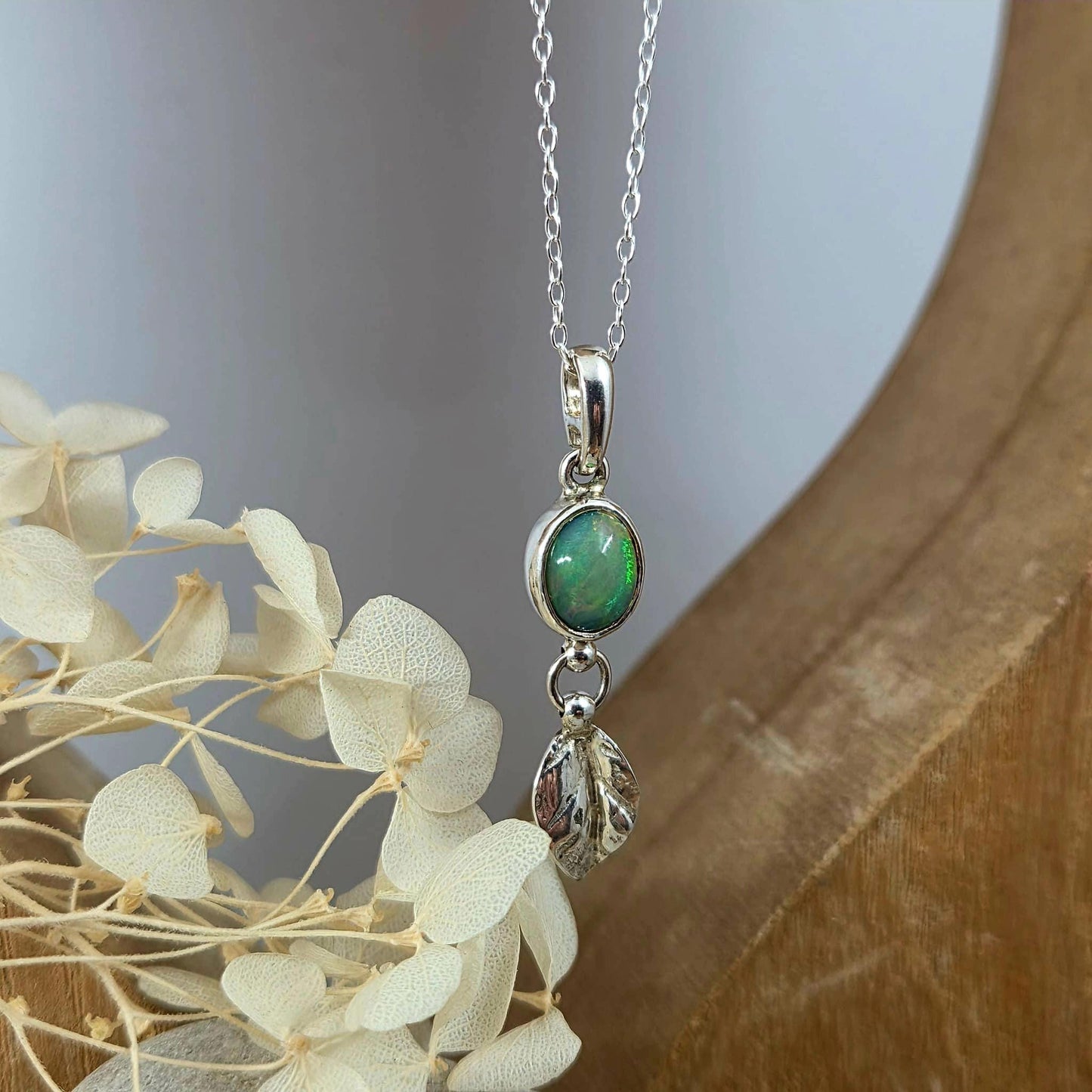 Welo Opal Silver Leaf Pendant: Sterling Silver Ethiopian Crystal Jones Stones