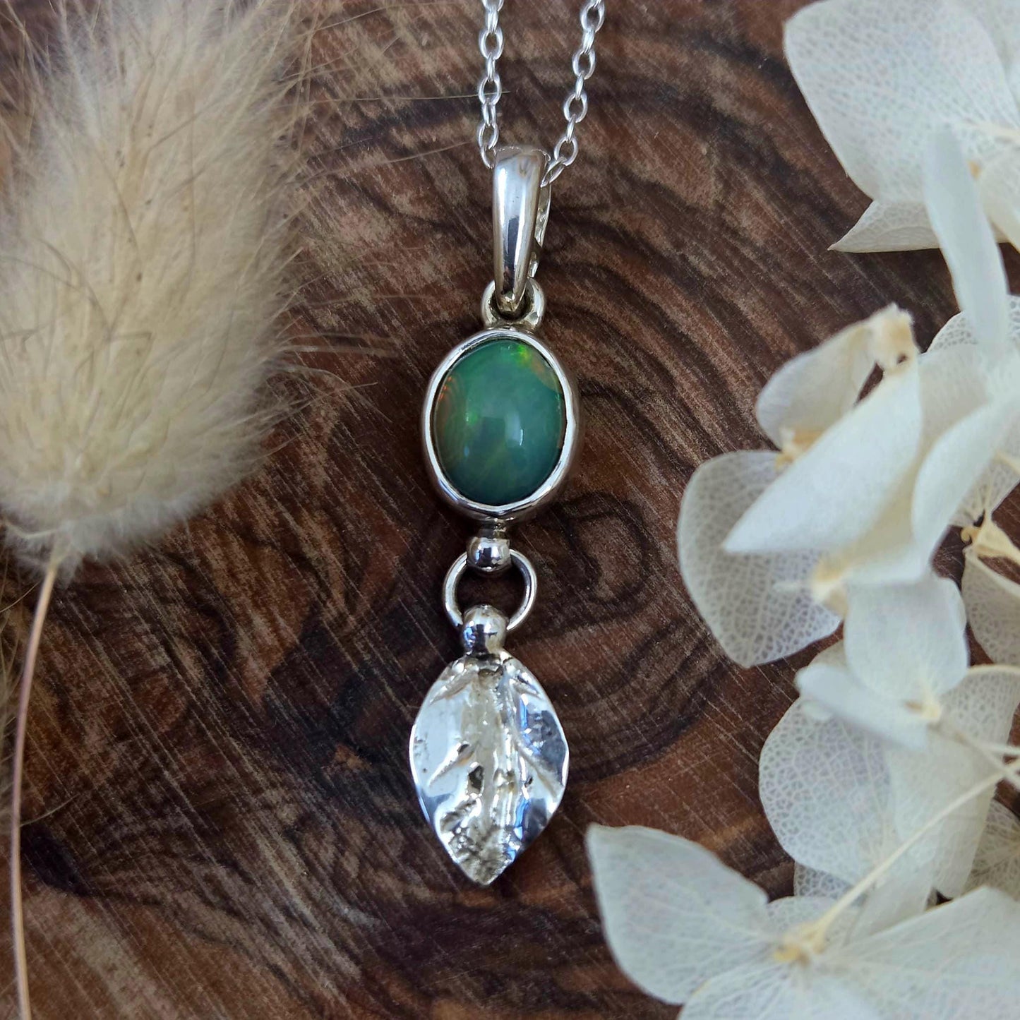 Welo Opal Silver Leaf Pendant: Sterling Silver Ethiopian Crystal Jones Stones