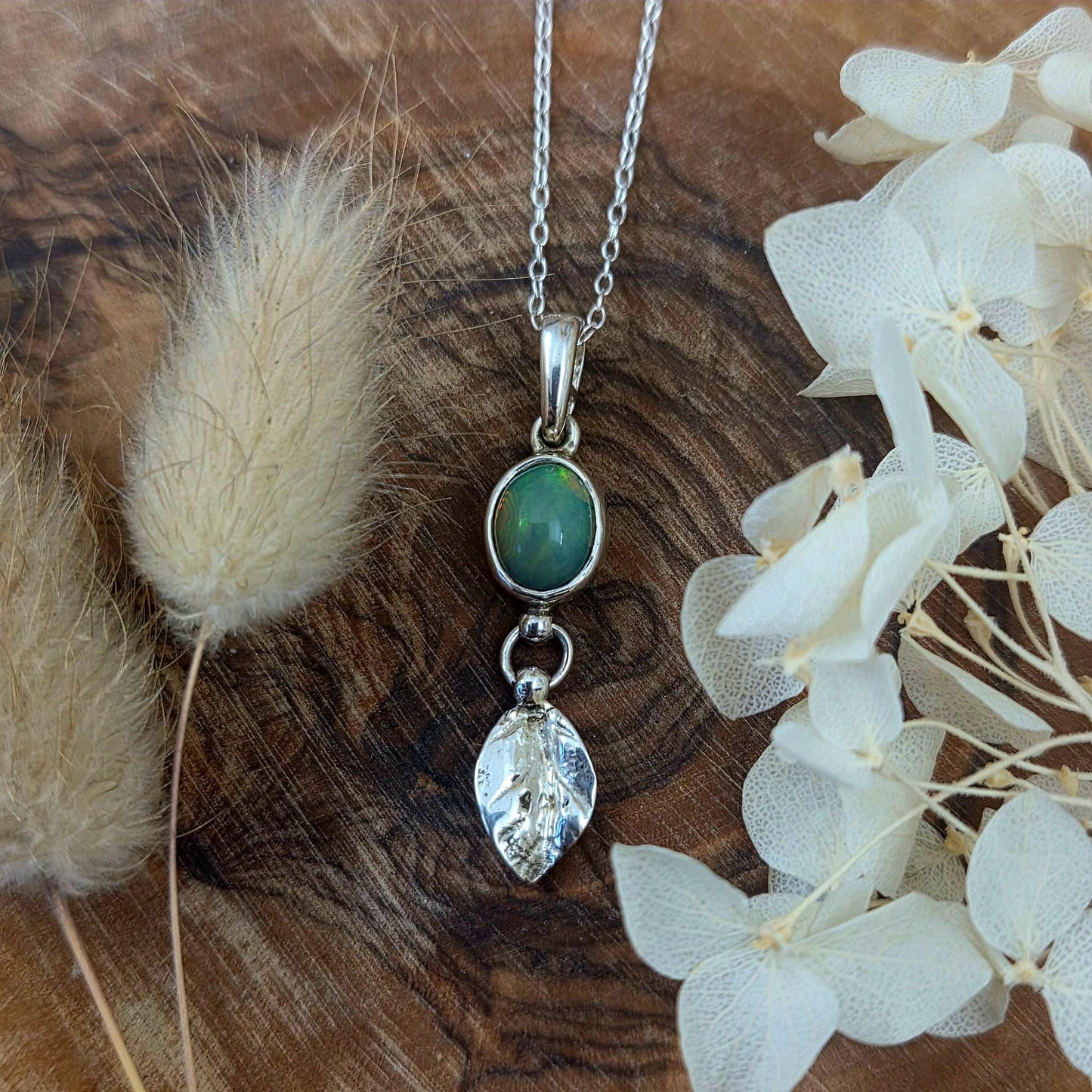 Welo Opal Silver Leaf Pendant: Sterling Silver Ethiopian Crystal Jones Stones