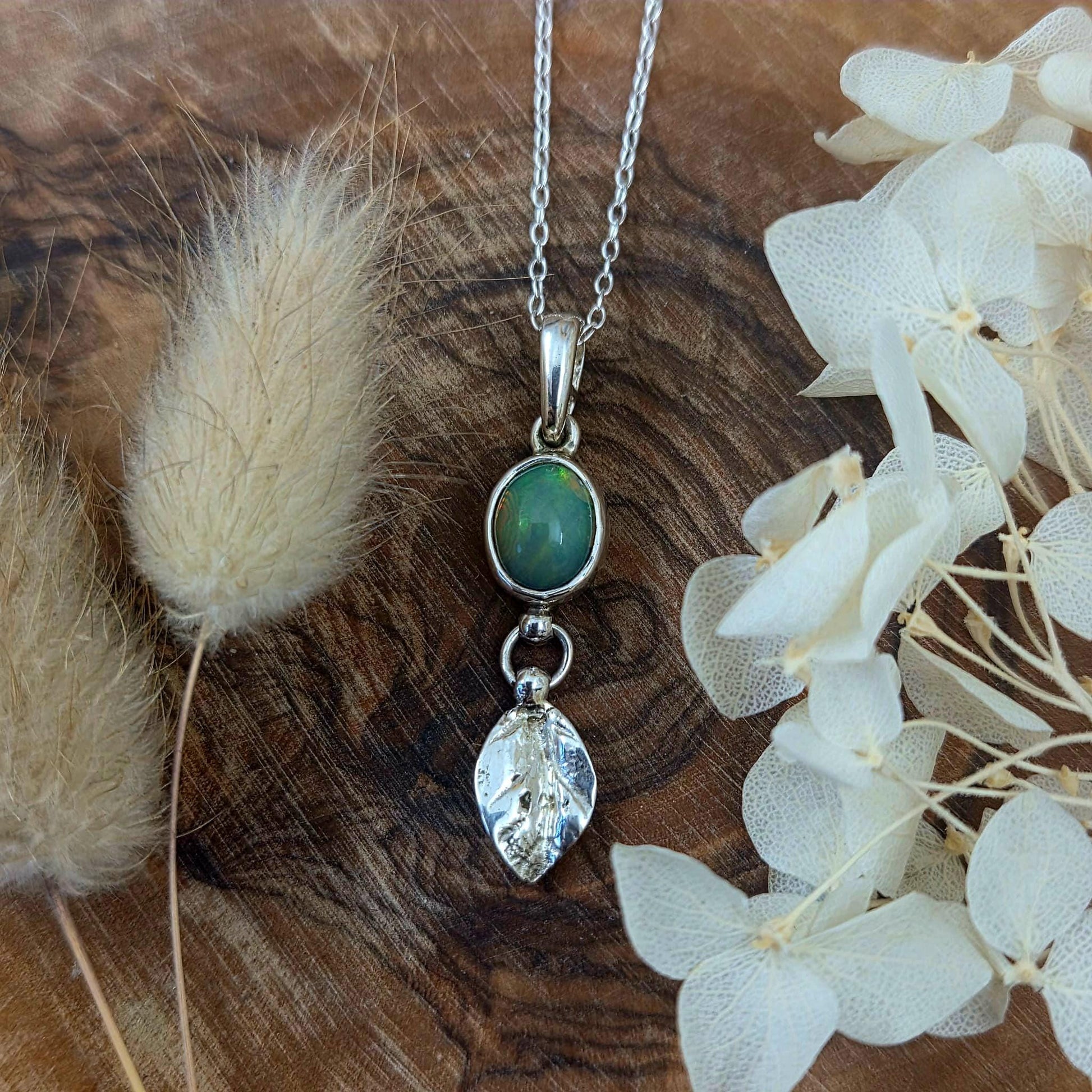 Welo Opal Silver Leaf Pendant: Sterling Silver Ethiopian Crystal Jones Stones