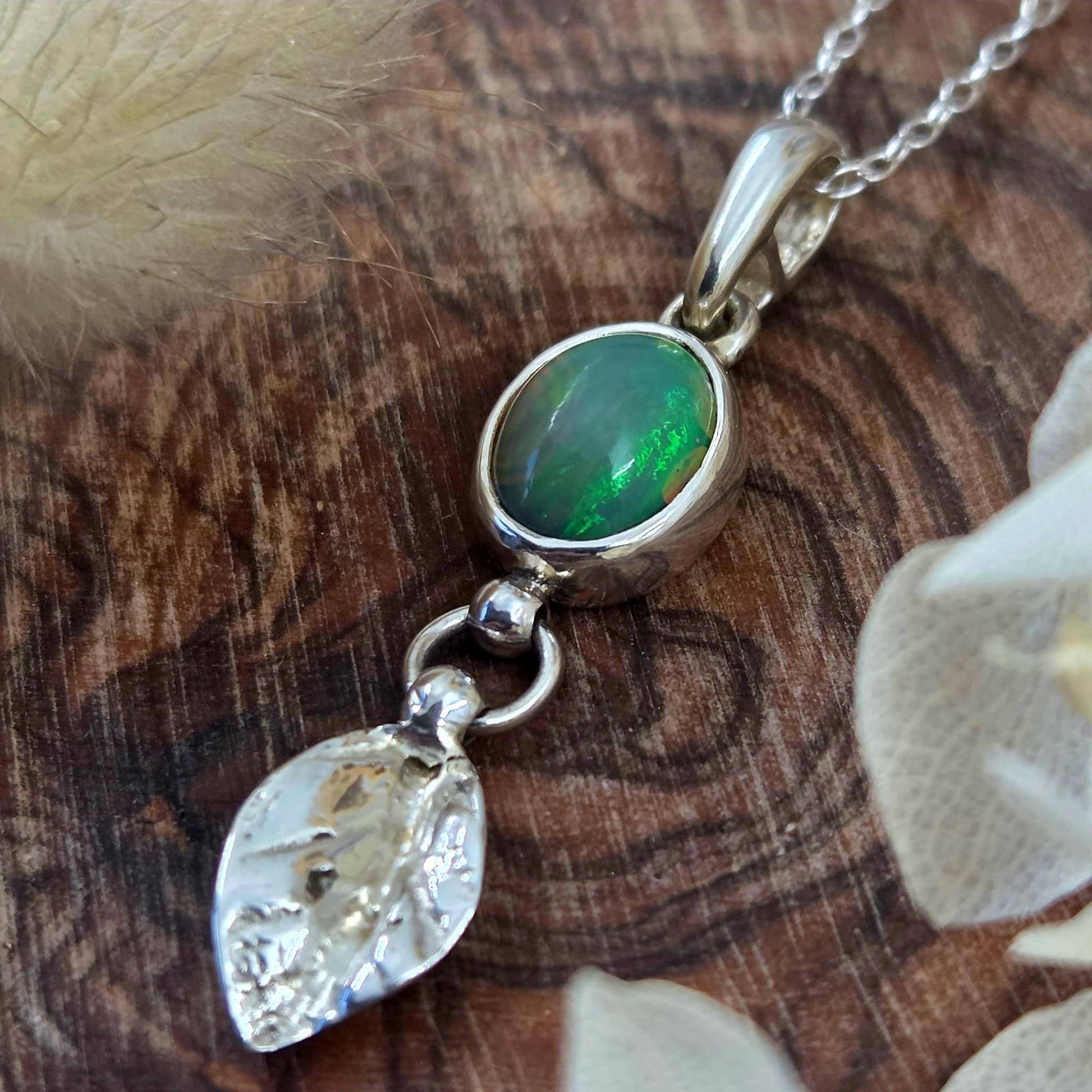 Welo Opal Silver Leaf Pendant: Sterling Silver Ethiopian Crystal Jones Stones