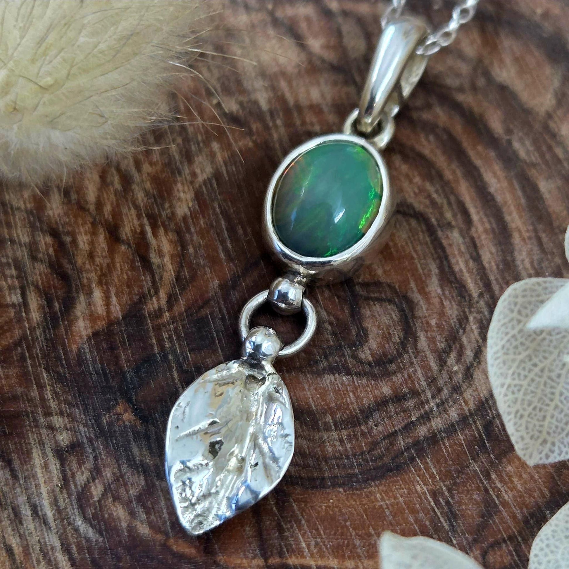 Welo Opal Silver Leaf Pendant: Sterling Silver Ethiopian Crystal Jones Stones