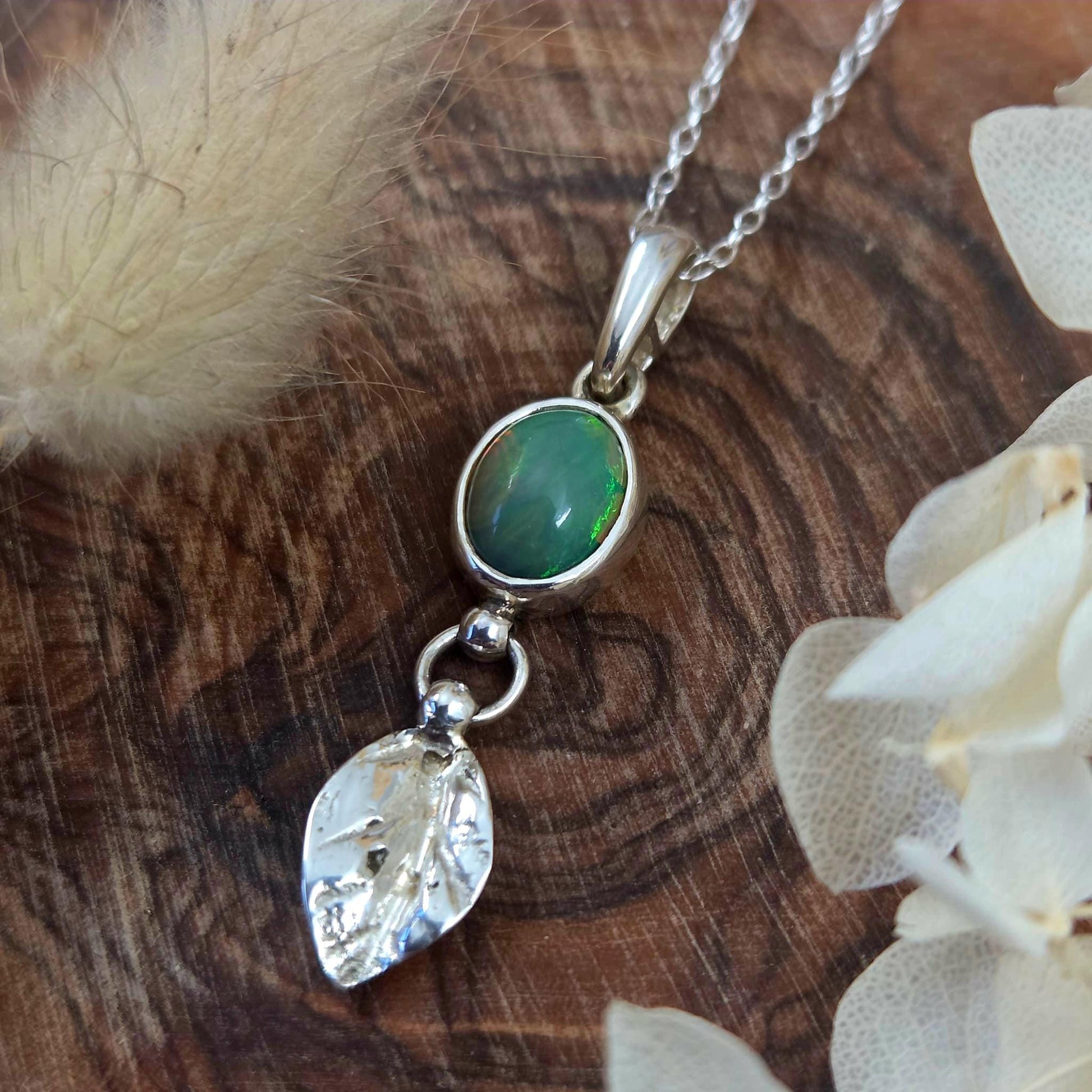 Welo Opal Silver Leaf Pendant: Sterling Silver Ethiopian Crystal Jones Stones