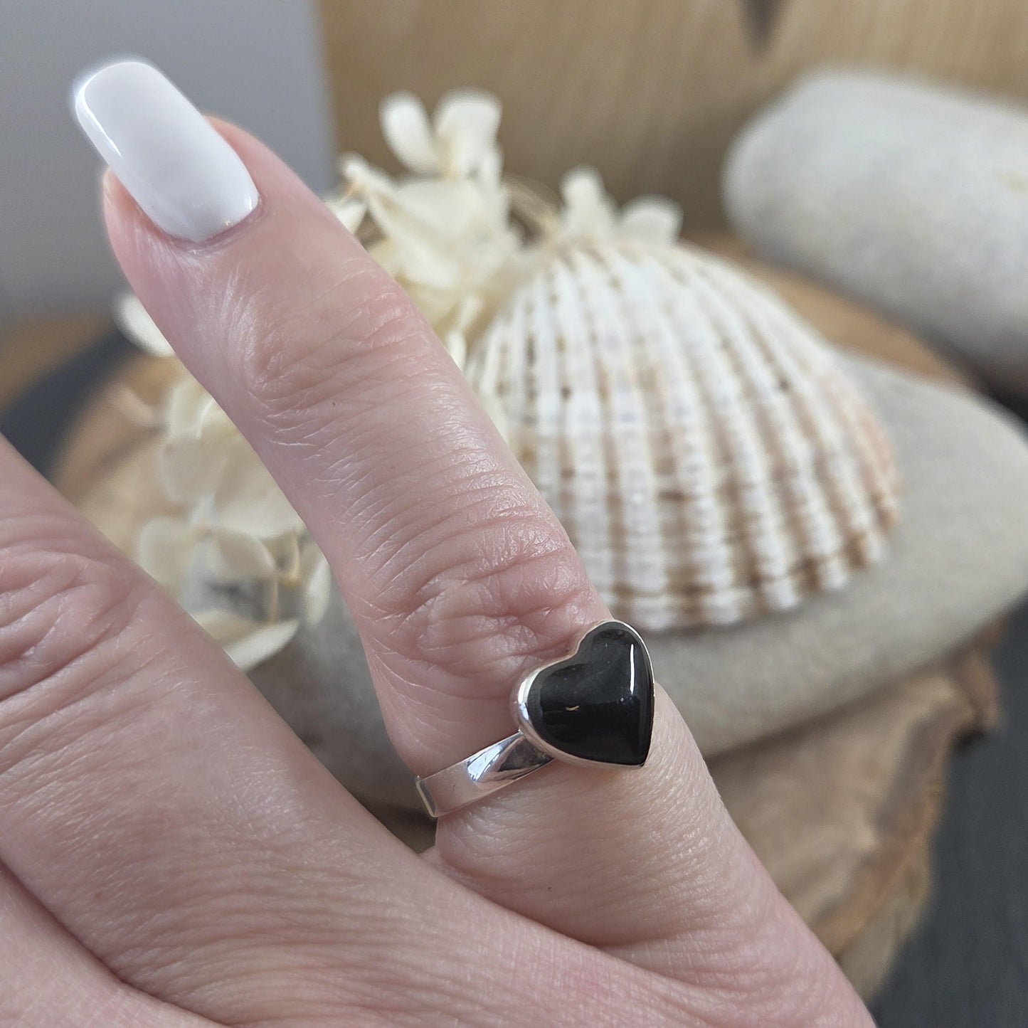 Whitby Jet Heart Adjustable Silver Ring | Whitby Jet Ring | Whitby Jet | Celtic Jewellery | Handmade Ring | Ring | Heart Ring Jones Stones