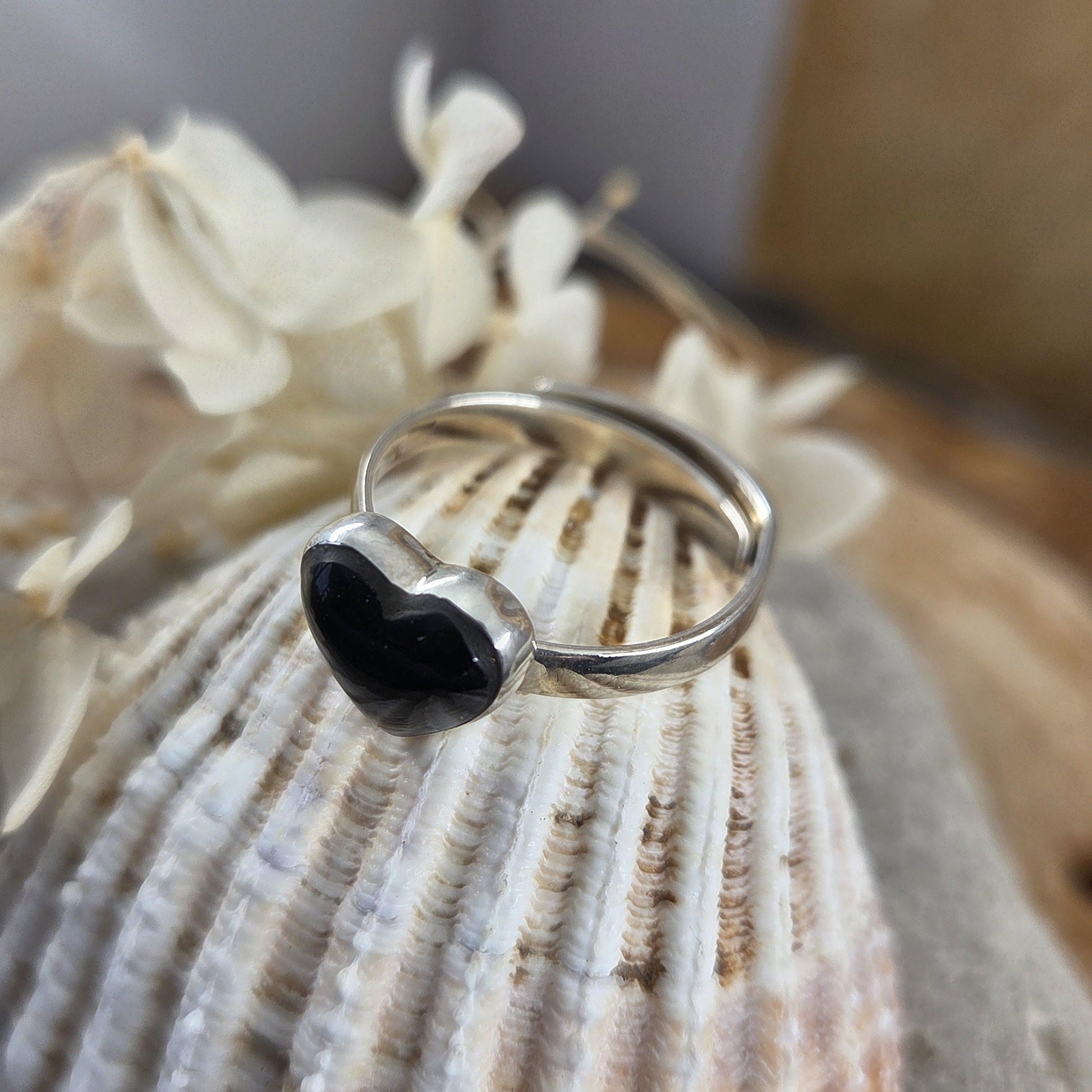 Whitby Jet Heart Adjustable Silver Ring | Whitby Jet Ring | Whitby Jet | Celtic Jewellery | Handmade Ring | Ring | Heart Ring Jones Stones