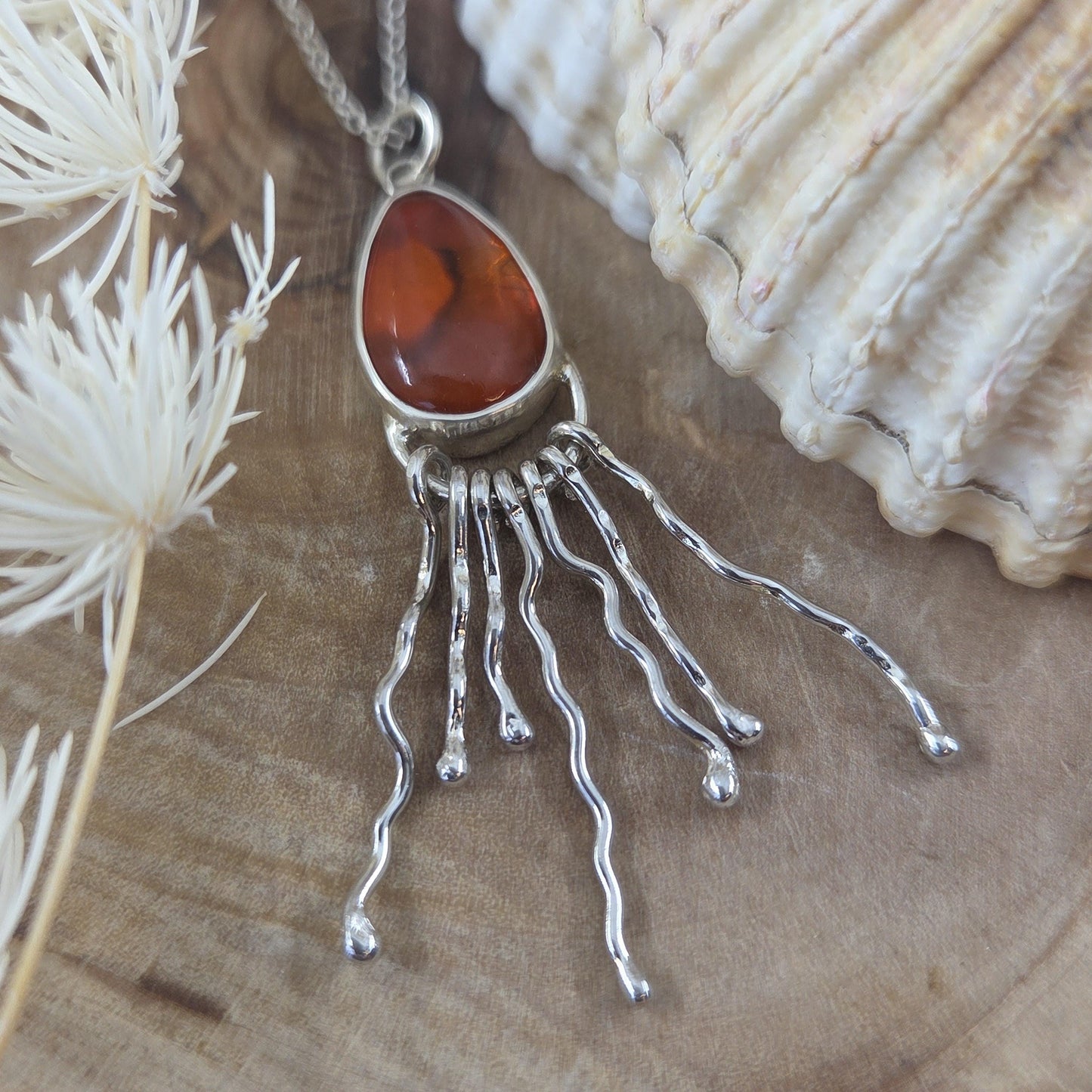 Polished Seaham Seaglass / Paua Shell Sterling 925 Silver Jellyfish Pendant Jones Stones