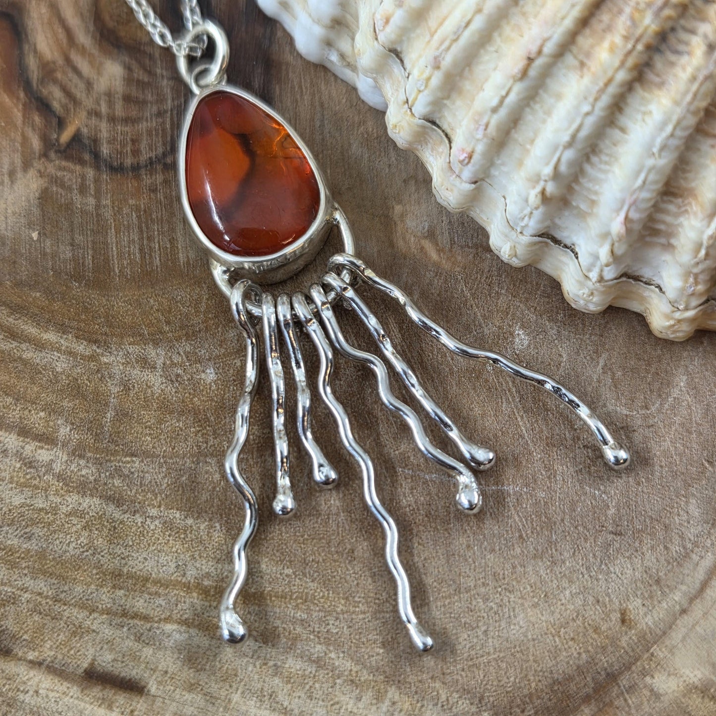 Polished Seaham Seaglass / Paua Shell Sterling 925 Silver Jellyfish Pendant Jones Stones