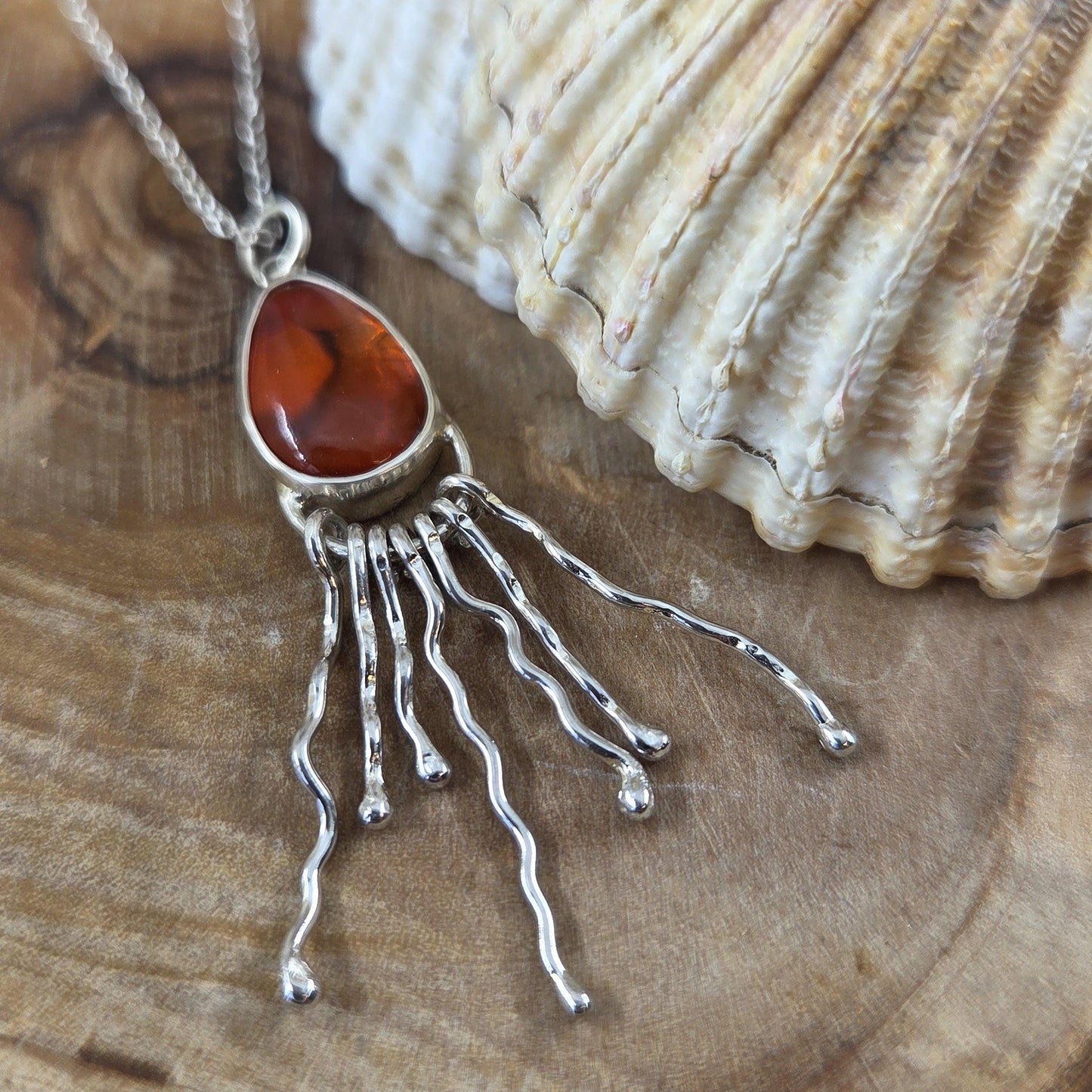 Polished Seaham Seaglass / Paua Shell Sterling 925 Silver Jellyfish Pendant Jones Stones