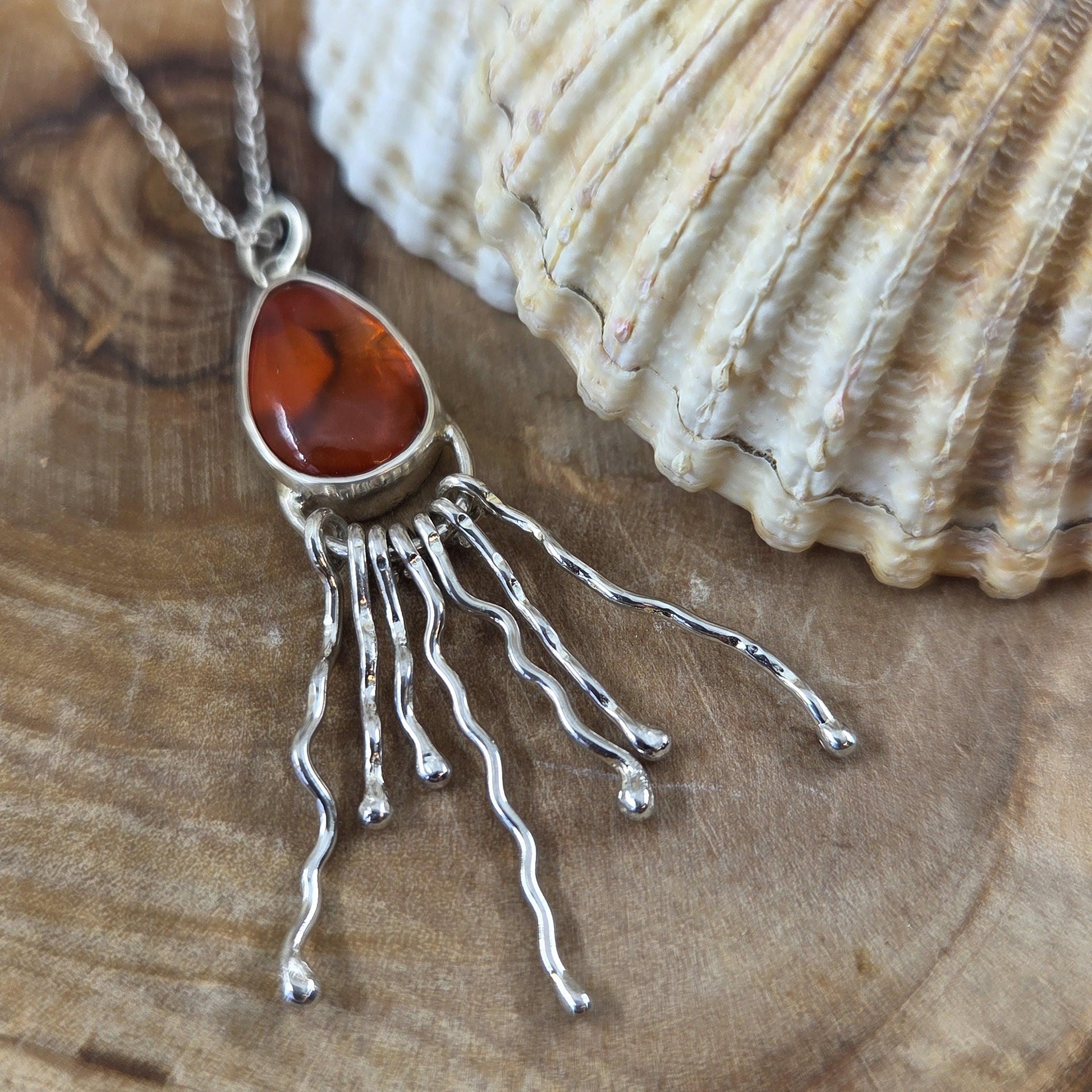 Polished Seaham Seaglass / Paua Shell Sterling 925 Silver Jellyfish Pendant Jones Stones
