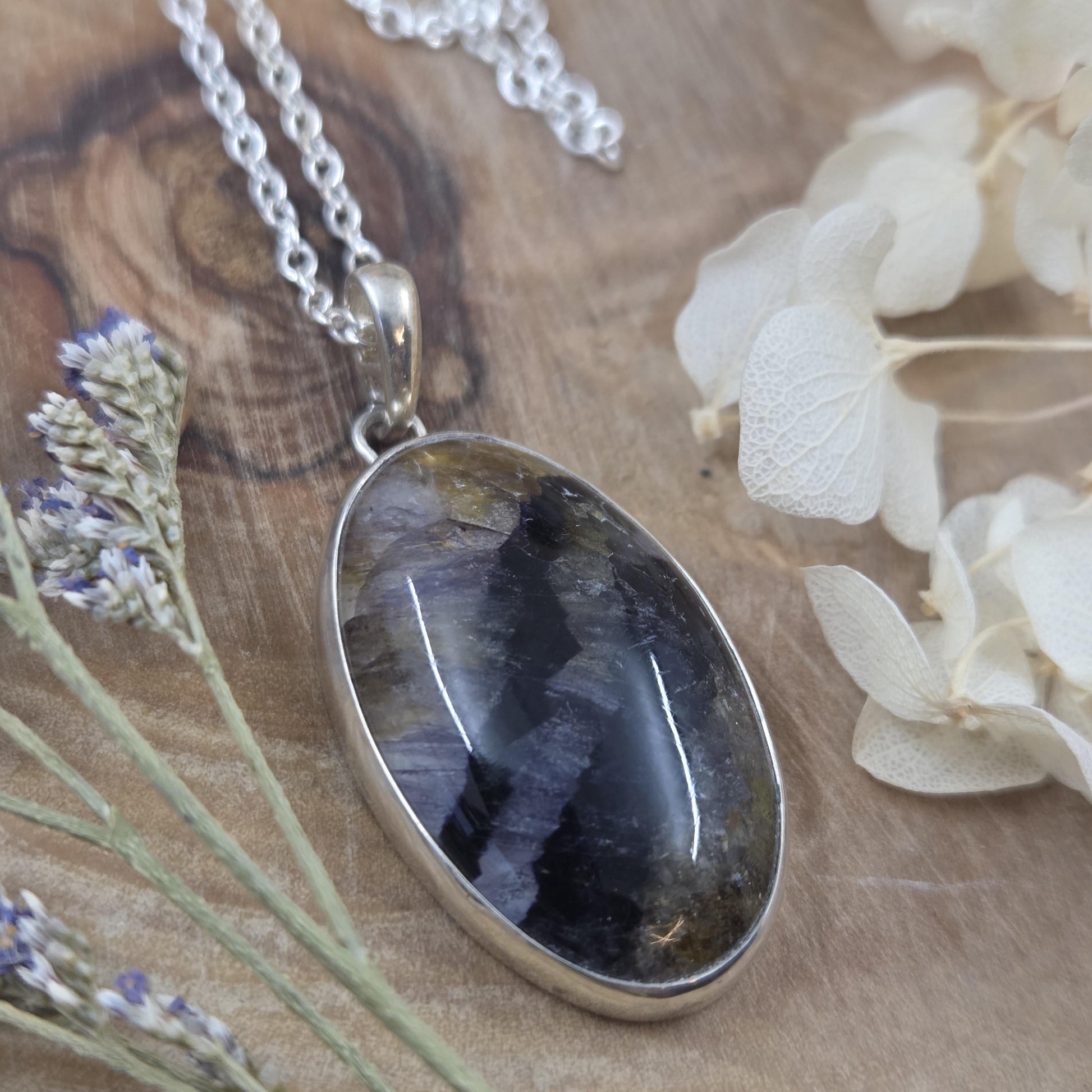 Blue John Pendant: Sterling Silver Derbyshire Fluorite Necklace Jones Stones