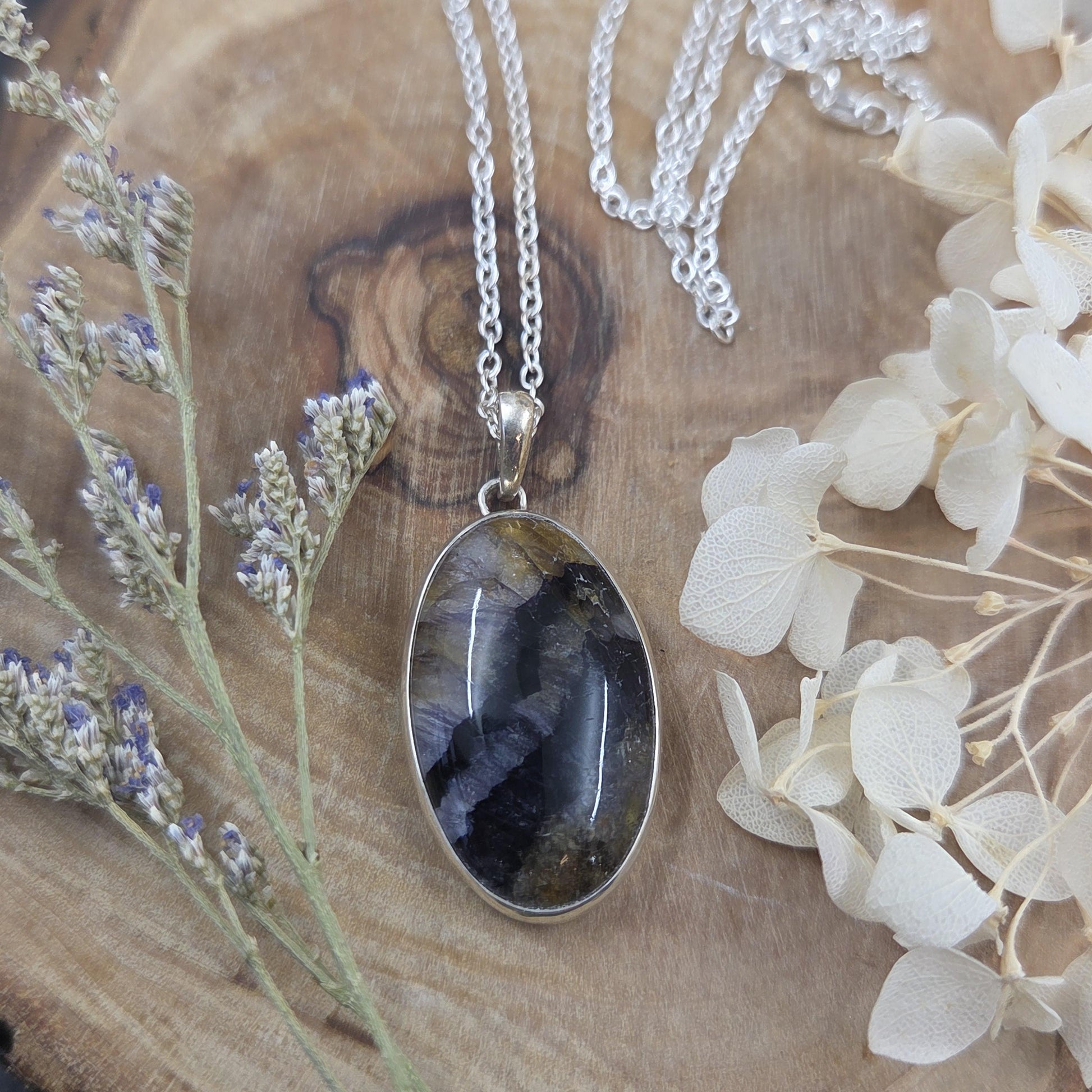 Blue John Pendant: Sterling Silver Derbyshire Fluorite Necklace Jones Stones