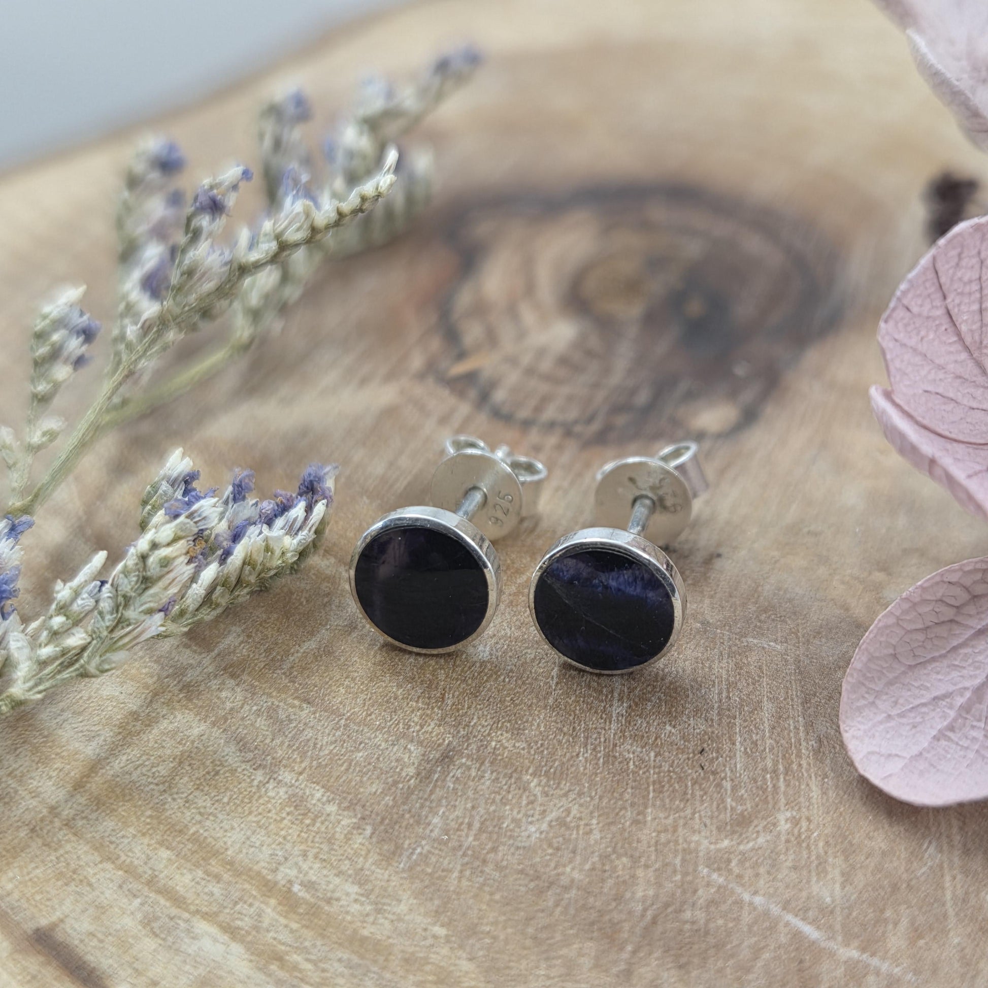 Blue John Stud Earrings: Handmade Sterling Silver 6mm Derbyshire Spar BJ2 Jones Stones