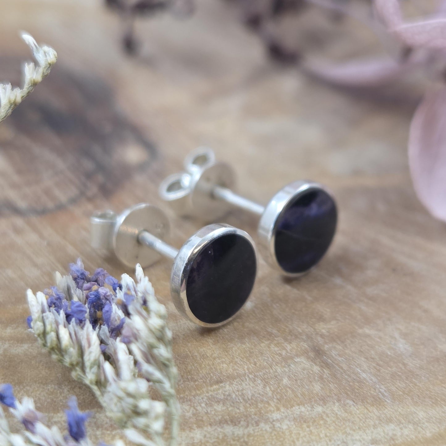 Blue John Stud Earrings: Handmade Sterling Silver 6mm Derbyshire Spar BJ2 Jones Stones