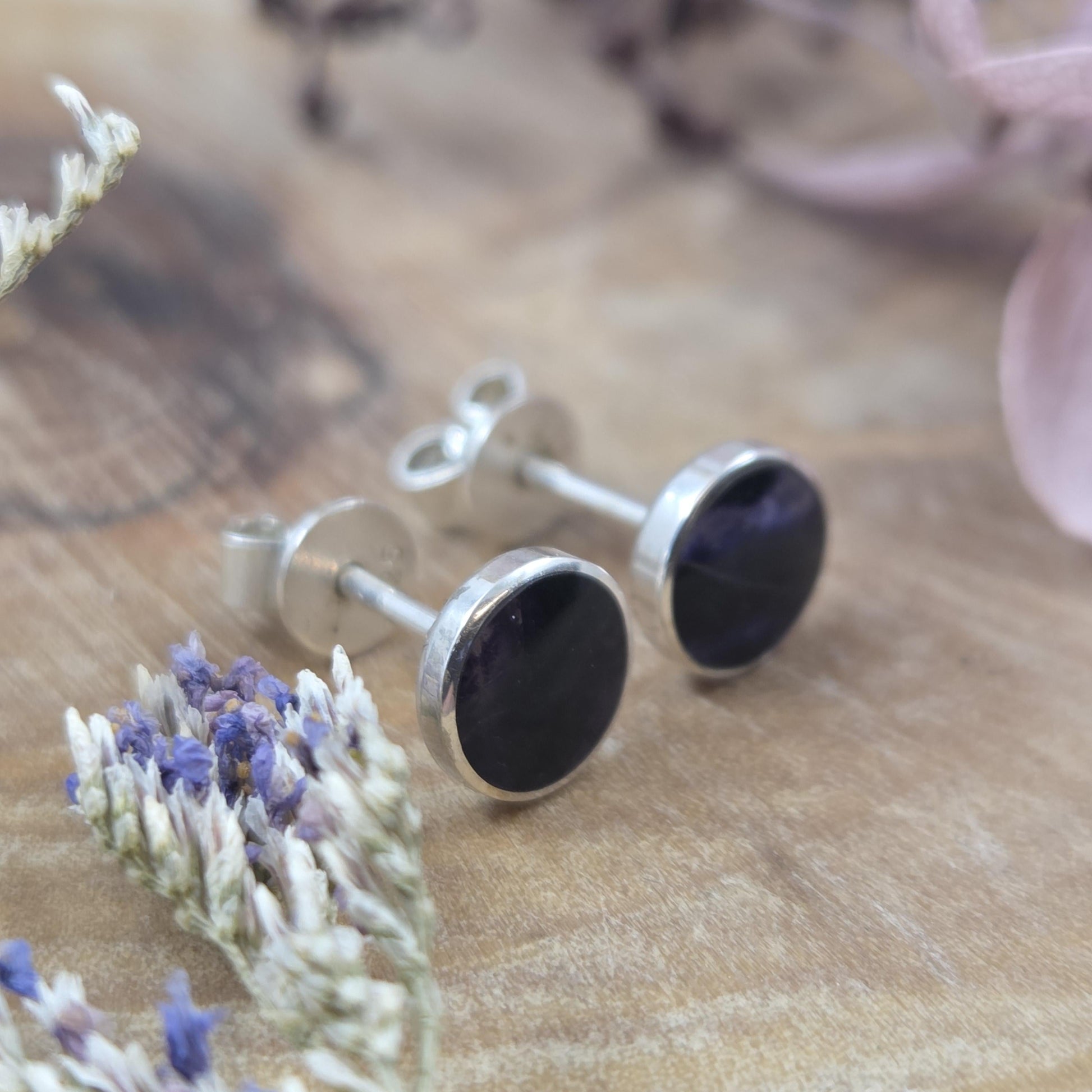 Blue John Stud Earrings: Handmade Sterling Silver 6mm Derbyshire Spar BJ2 Jones Stones