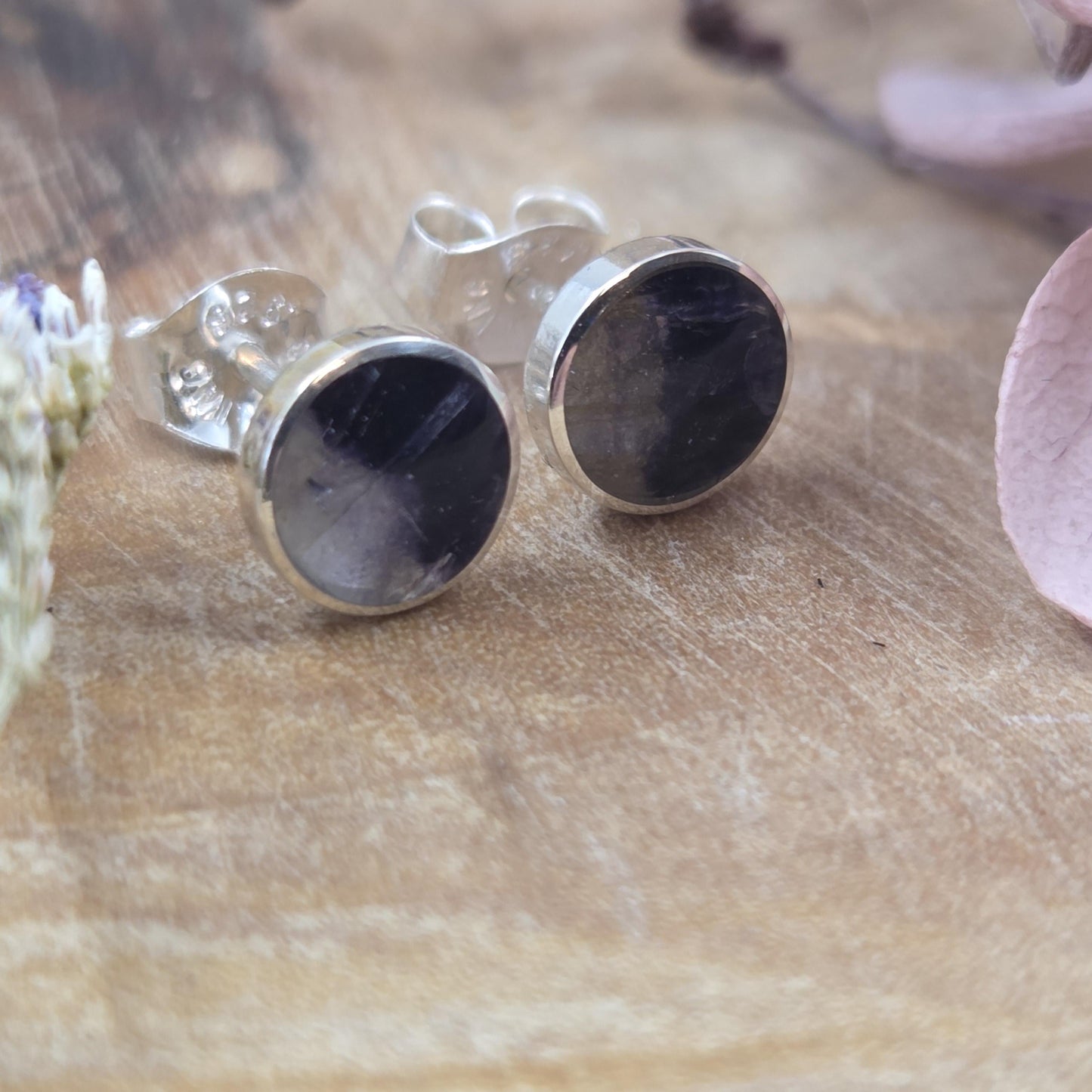 Blue John Stud Earrings: Handmade Sterling Silver 6mm Derbyshire Spar BJ3 Jones Stones