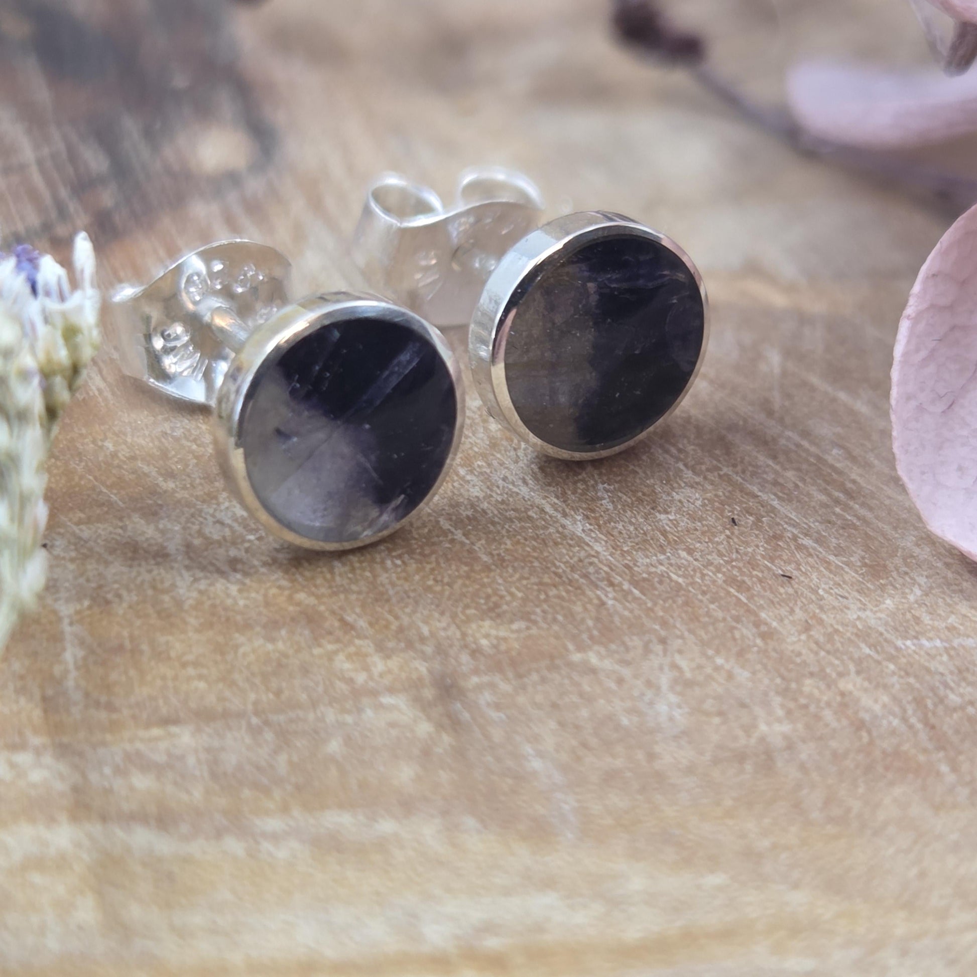 Blue John Stud Earrings: Handmade Sterling Silver 6mm Derbyshire Spar BJ3 Jones Stones