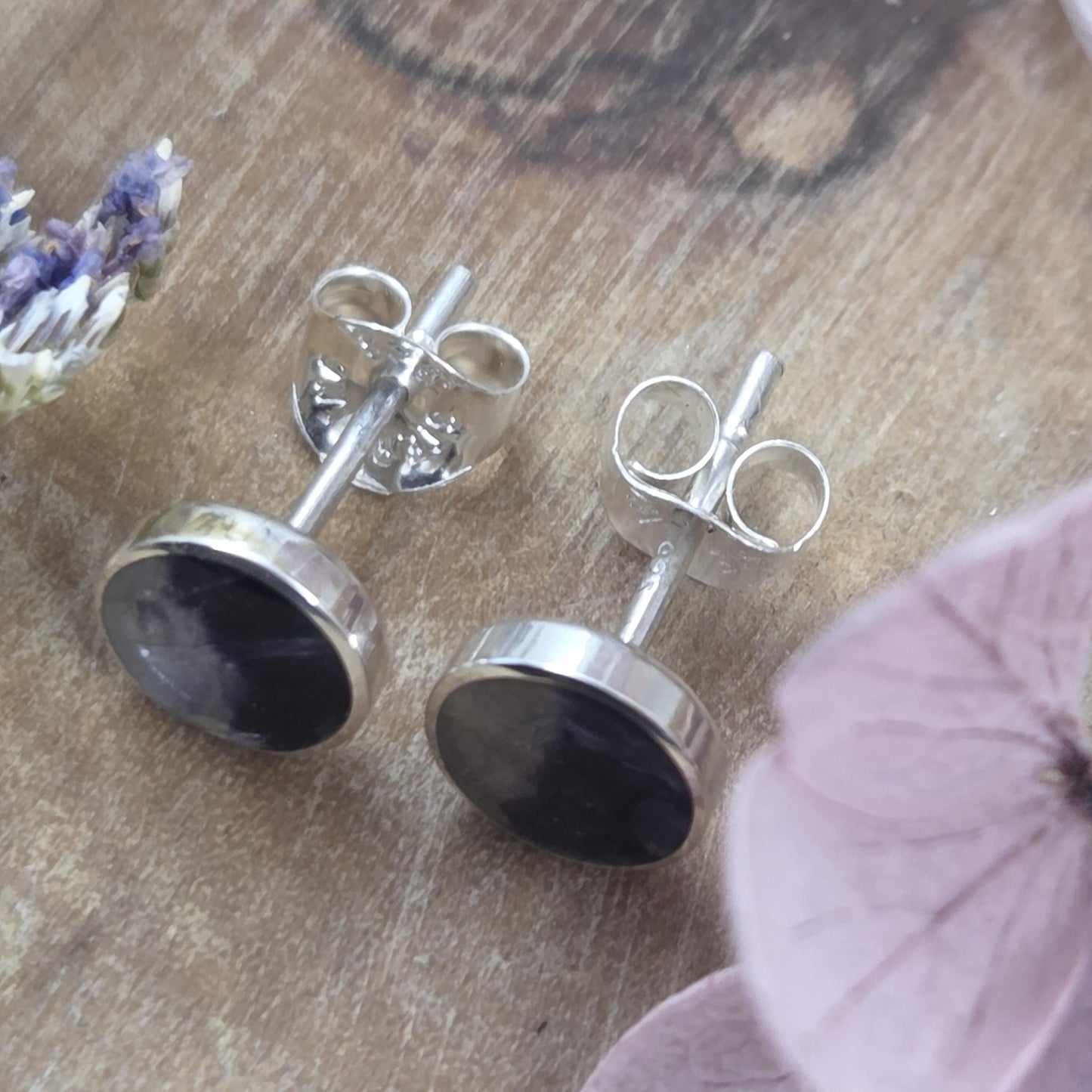 Blue John Stud Earrings: Handmade Sterling Silver 6mm Derbyshire Spar BJ3 Jones Stones