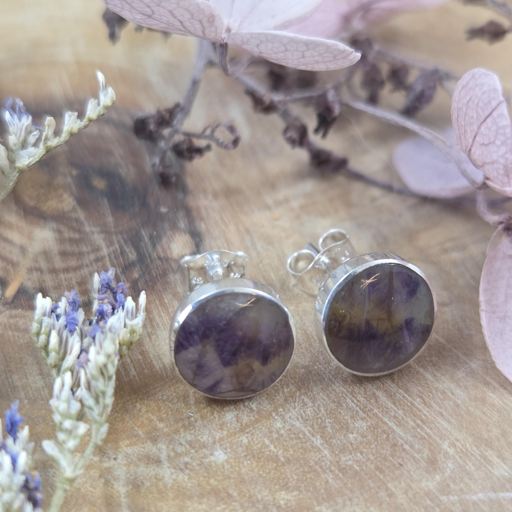 Blue John Stud Earrings: Handmade Sterling Silver 8mm Derbyshire Spar BJ4 Jones Stones