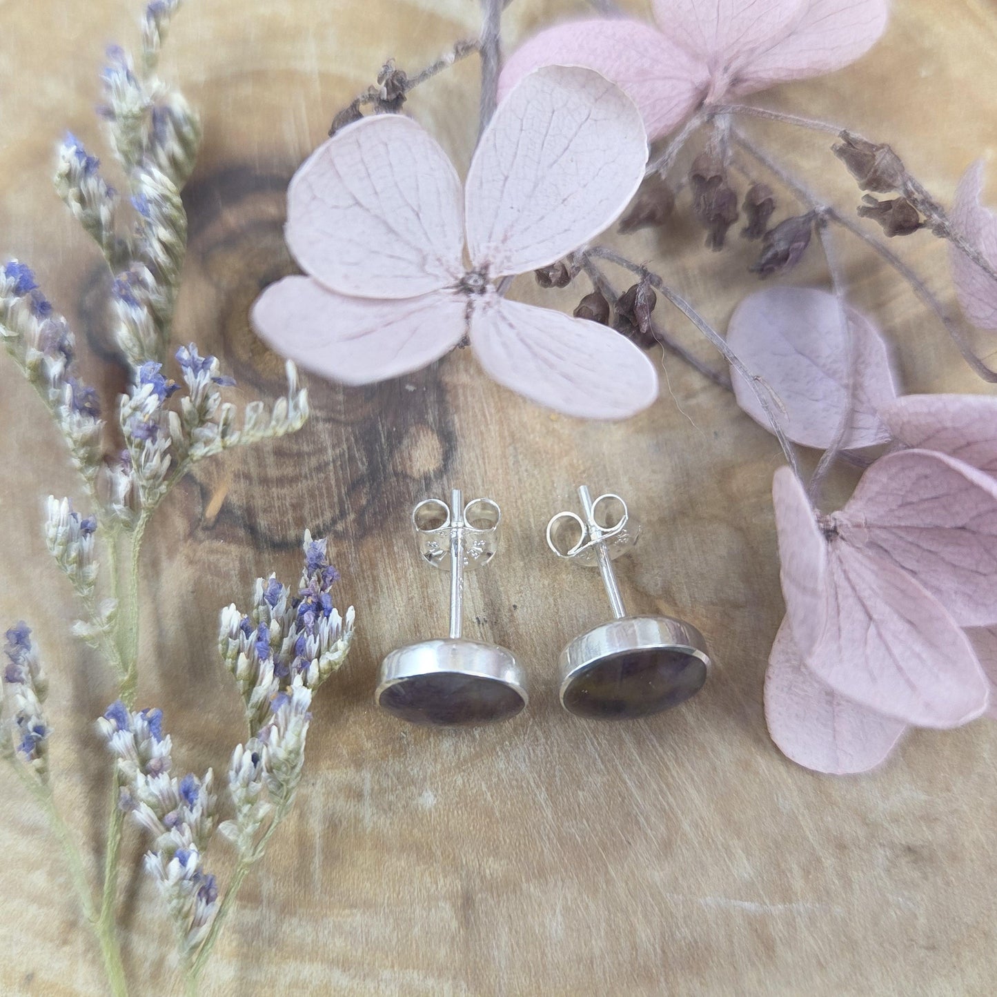 Blue John Stud Earrings: Handmade Sterling Silver 8mm Derbyshire Spar BJ4 Jones Stones