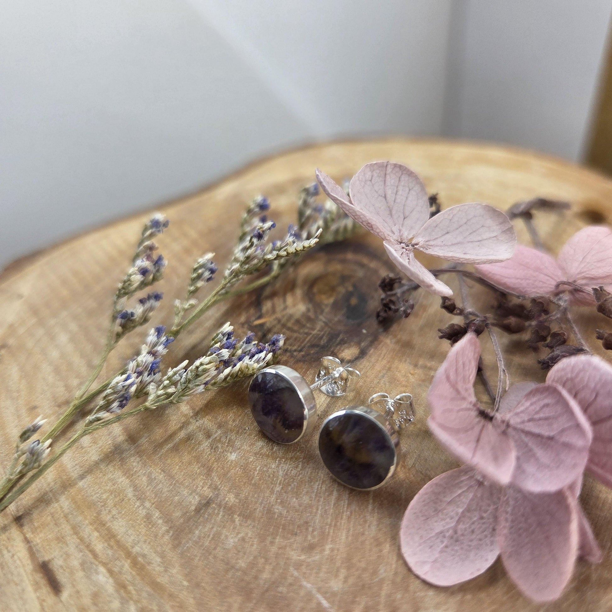 Blue John Stud Earrings: Handmade Sterling Silver 8mm Derbyshire Spar BJ4 Jones Stones