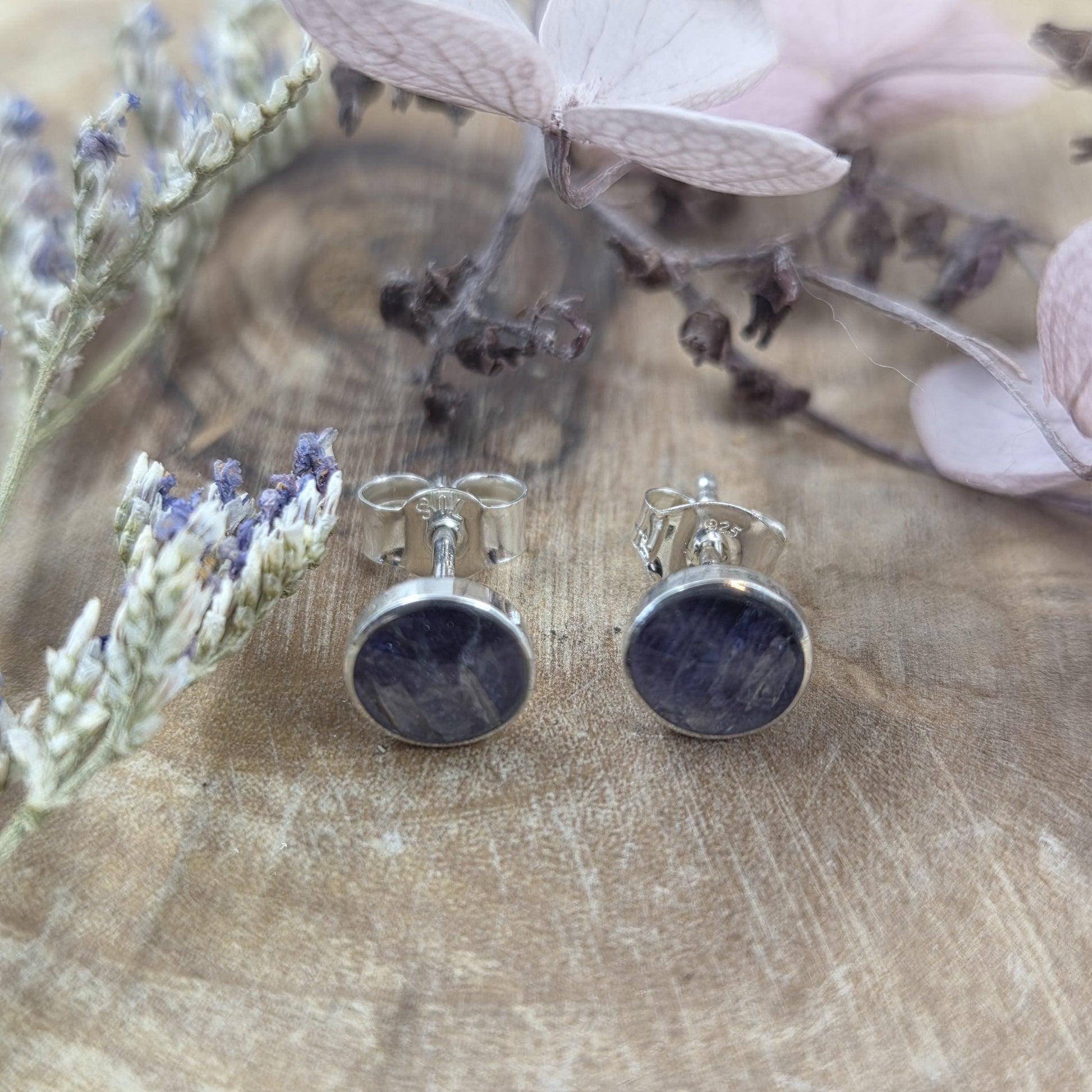 Blue John Stud Earrings: Handmade Sterling Silver 6mm Derbyshire Spar BJ5 Jones Stones