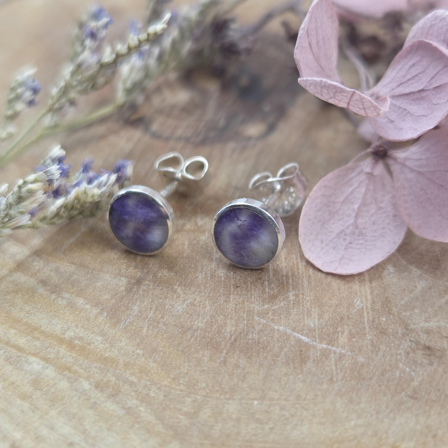 Blue John Stud Earrings: Handmade Sterling Silver 6mm Derbyshire Spar BJ6 Jones Stones