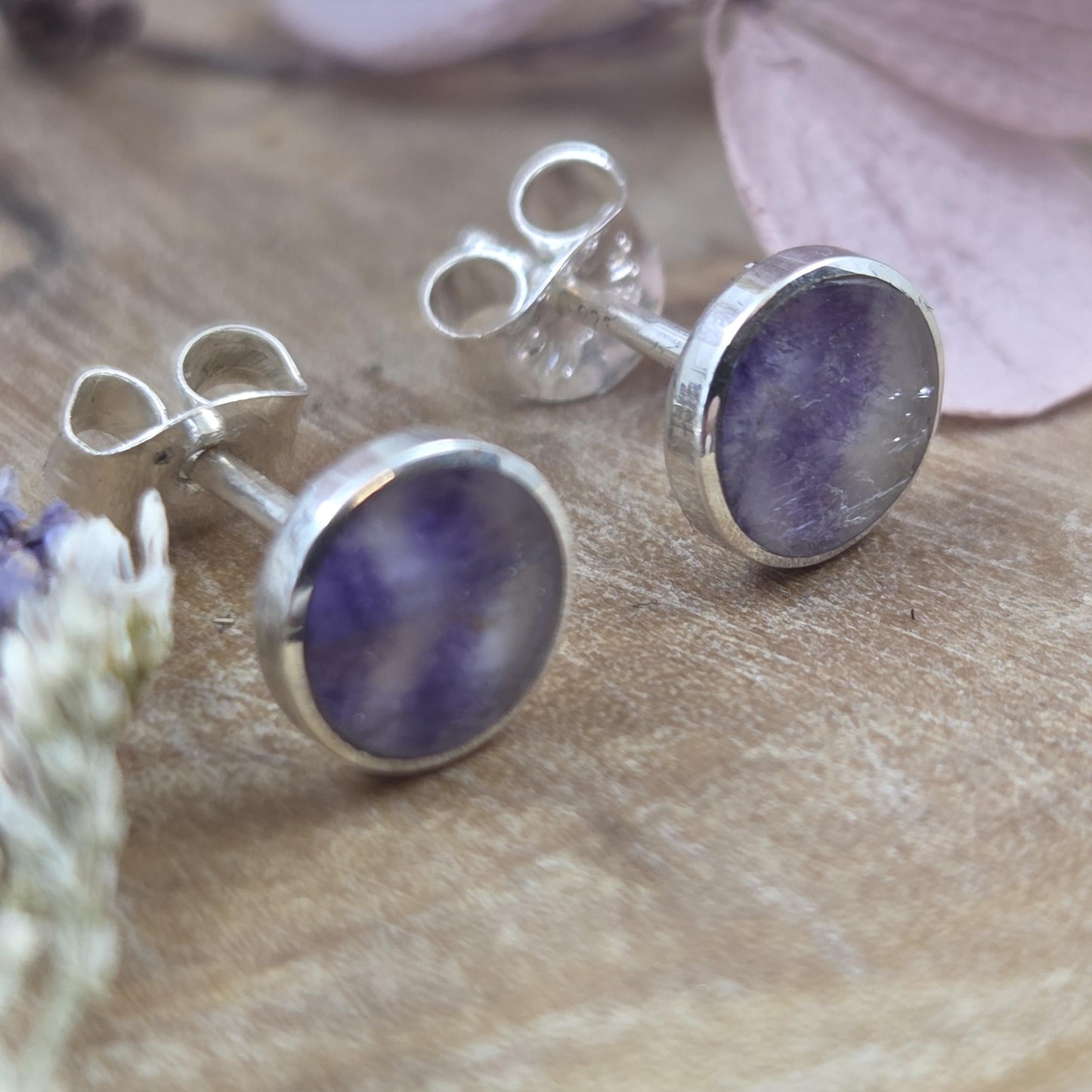 Blue John Stud Earrings: Handmade Sterling Silver 6mm Derbyshire Spar BJ6 Jones Stones