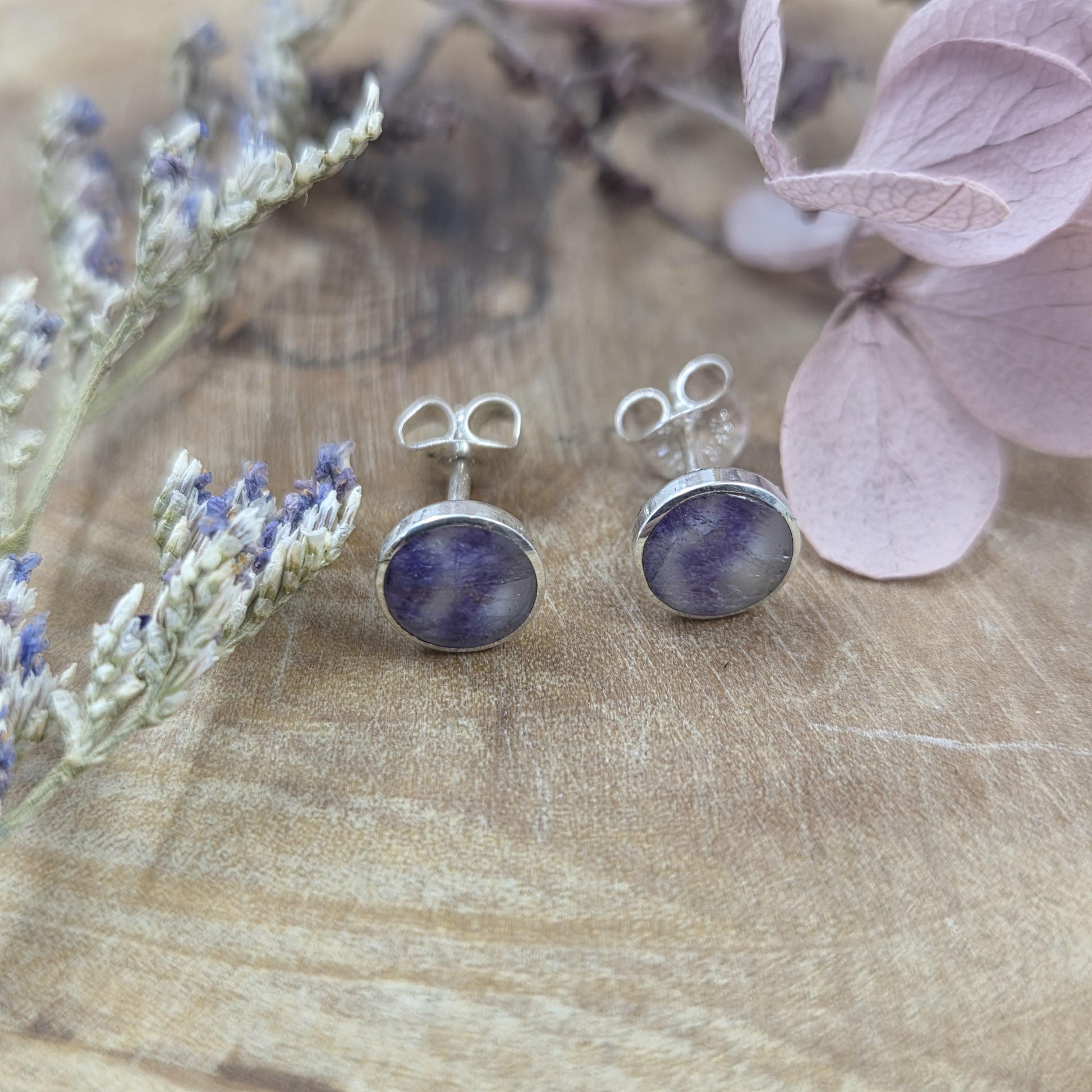 Blue John Stud Earrings: Handmade Sterling Silver 6mm Derbyshire Spar BJ6 Jones Stones