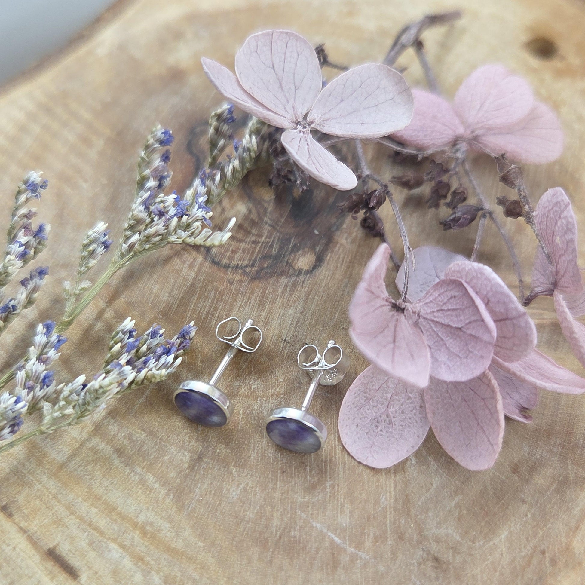 Blue John Stud Earrings: Handmade Sterling Silver 6mm Derbyshire Spar BJ6 Jones Stones