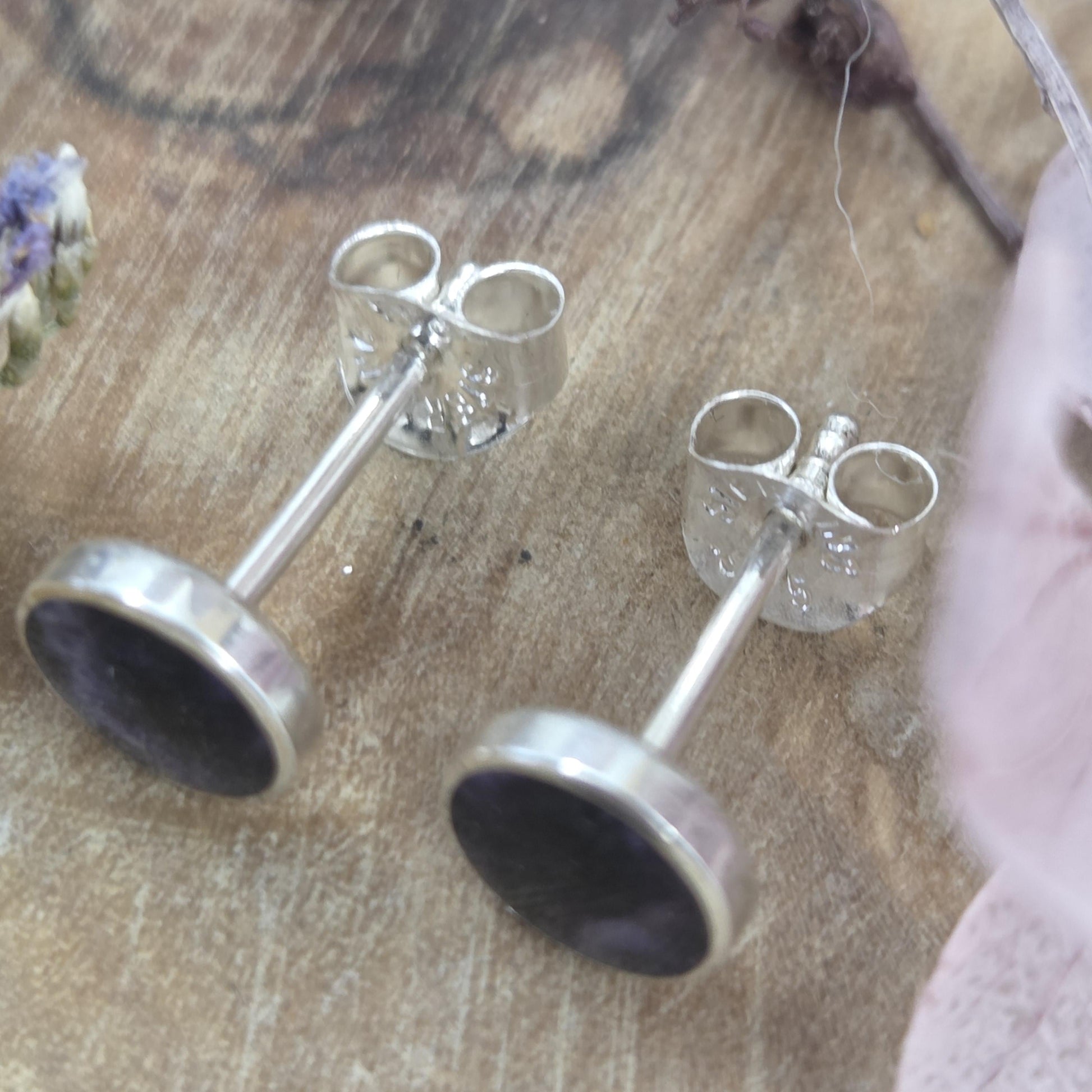 Blue John Stud Earrings: Handmade Sterling Silver 6mm Derbyshire Spar BJ8 Jones Stones