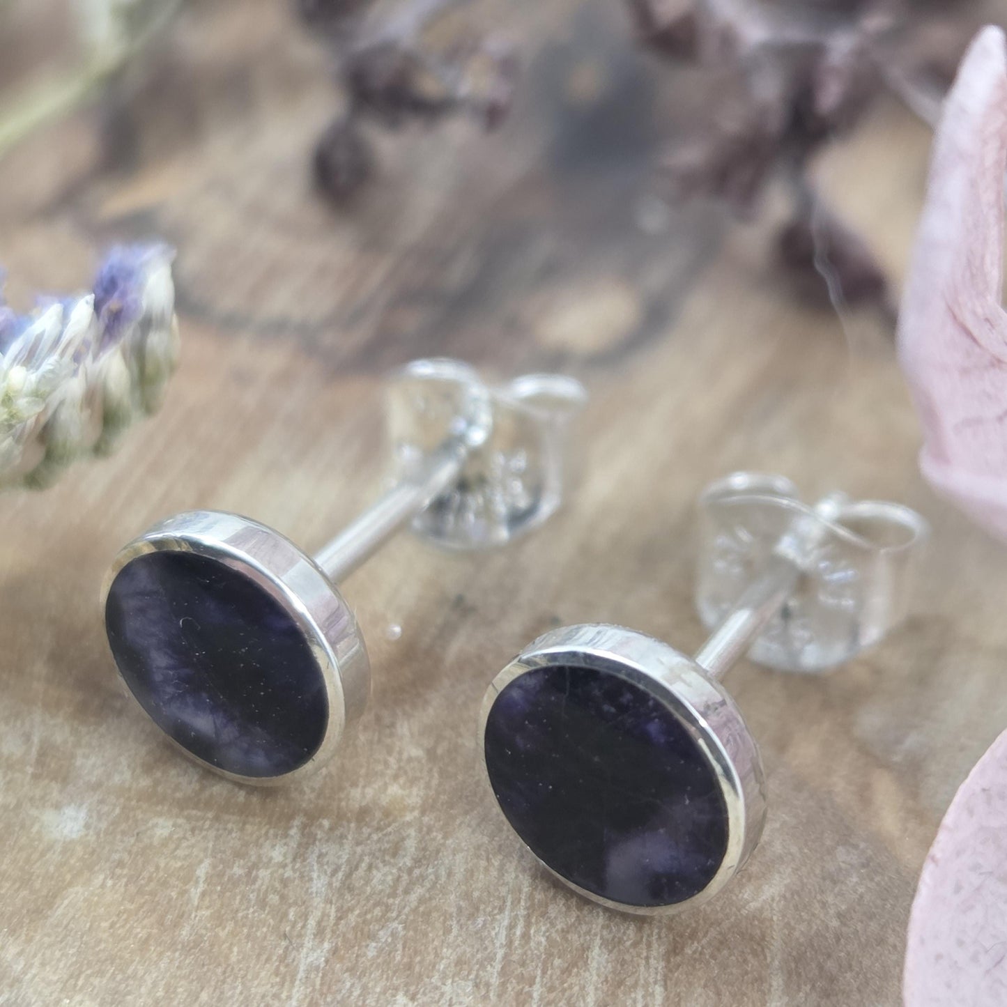 Blue John Stud Earrings: Handmade Sterling Silver 6mm Derbyshire Spar BJ8 Jones Stones