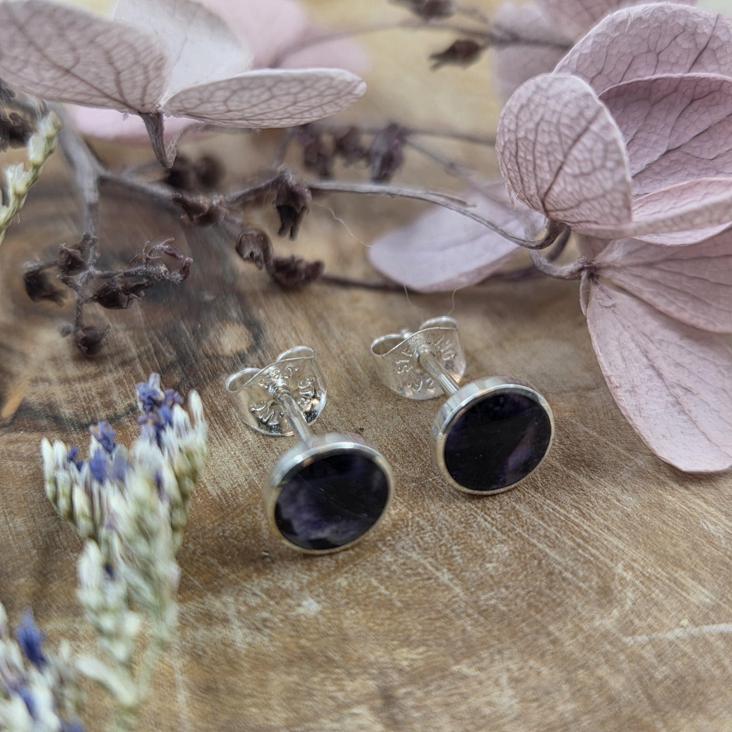 Blue John Stud Earrings: Handmade Sterling Silver 6mm Derbyshire Spar BJ8 Jones Stones