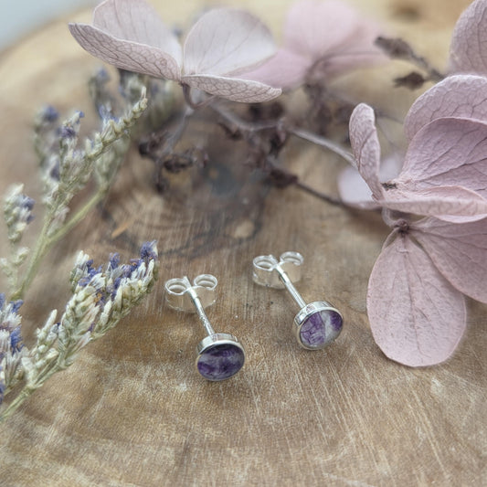 Blue John Stud Earrings: Handmade Sterling Silver 4mm Derbyshire Spar BJ9 Jones Stones