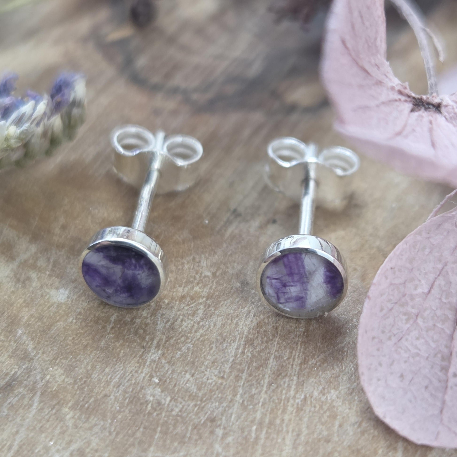 Blue John Stud Earrings: Handmade Sterling Silver 4mm Derbyshire Spar BJ9 Jones Stones