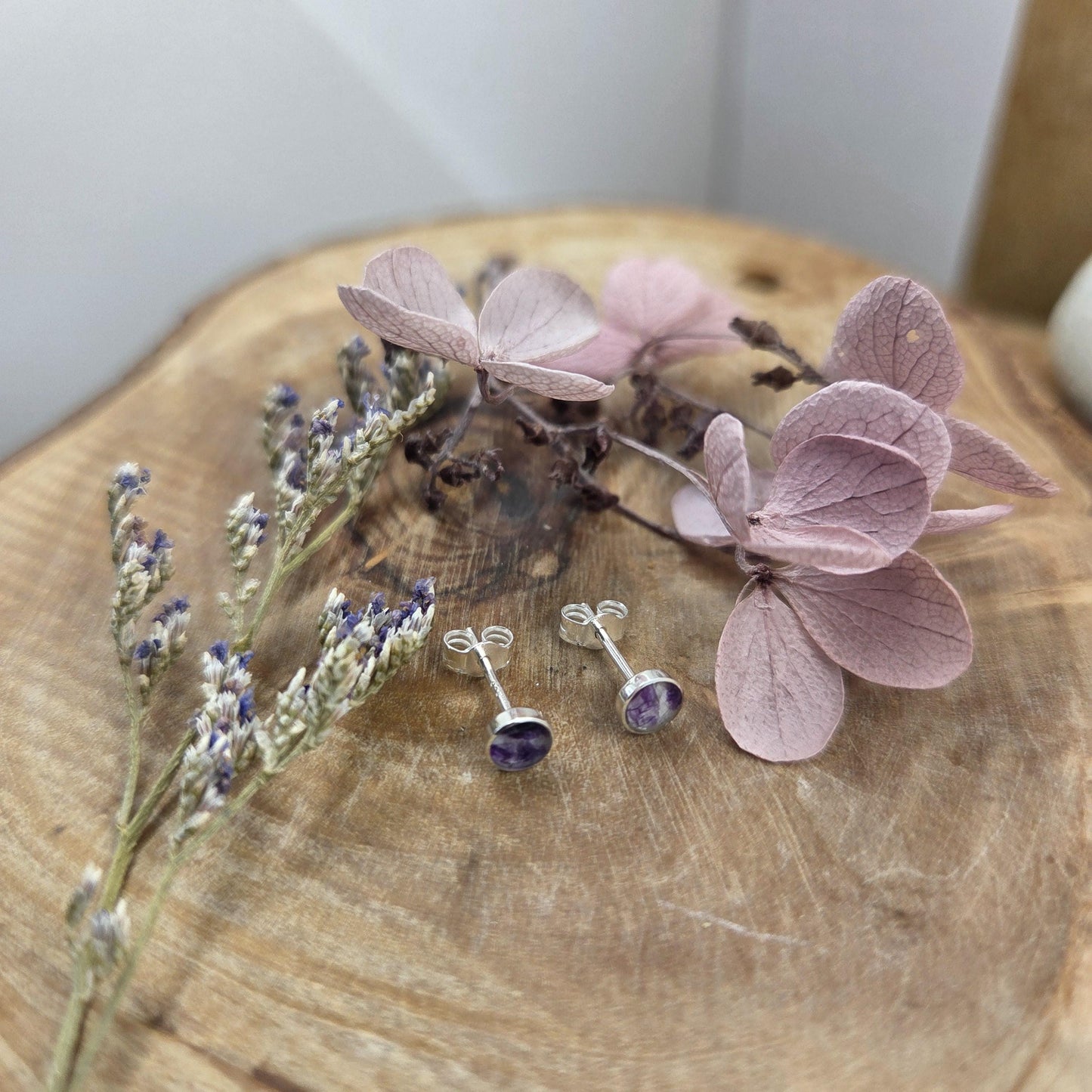 Blue John Stud Earrings: Handmade Sterling Silver 4mm Derbyshire Spar BJ9 Jones Stones