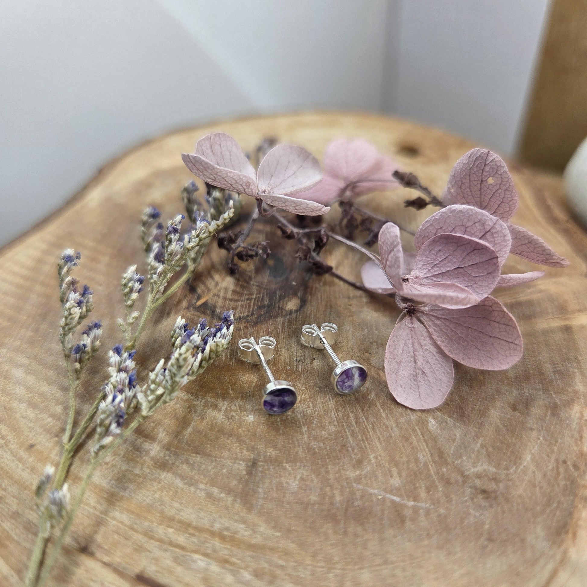 Blue John Stud Earrings: Handmade Sterling Silver 4mm Derbyshire Spar BJ9 Jones Stones