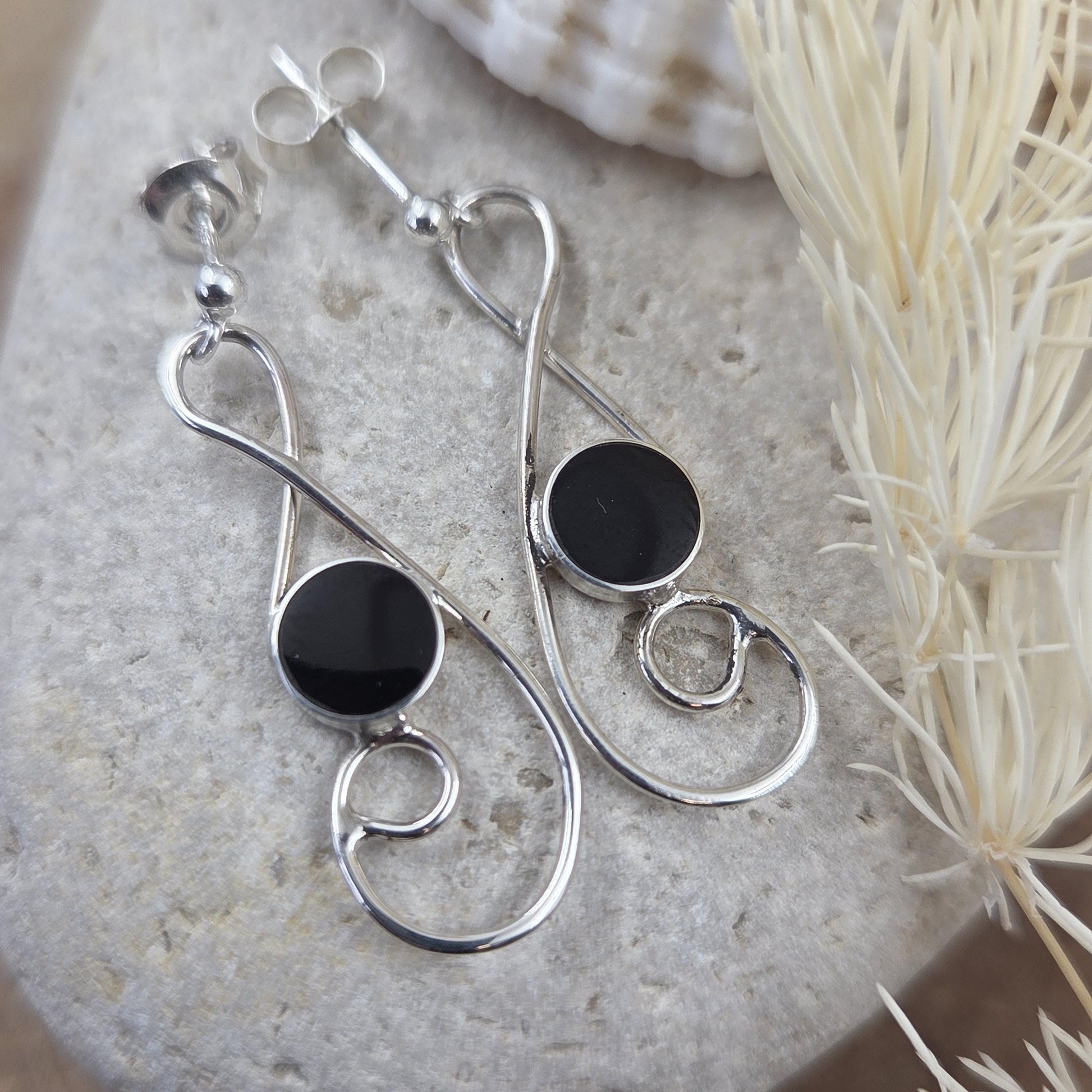 Handmade Whitby Jet Sterling Silver Drop Earrings Jones Stones