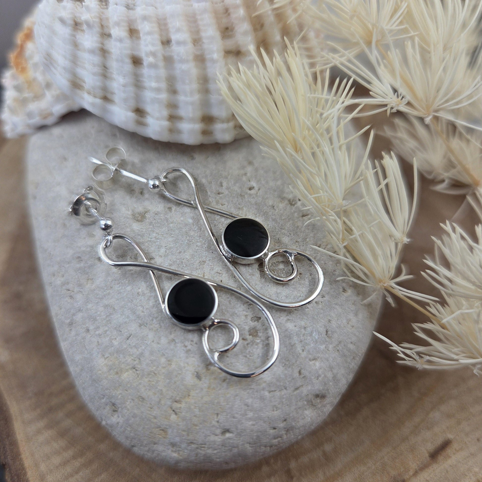 Handmade Whitby Jet Sterling Silver Drop Earrings Jones Stones