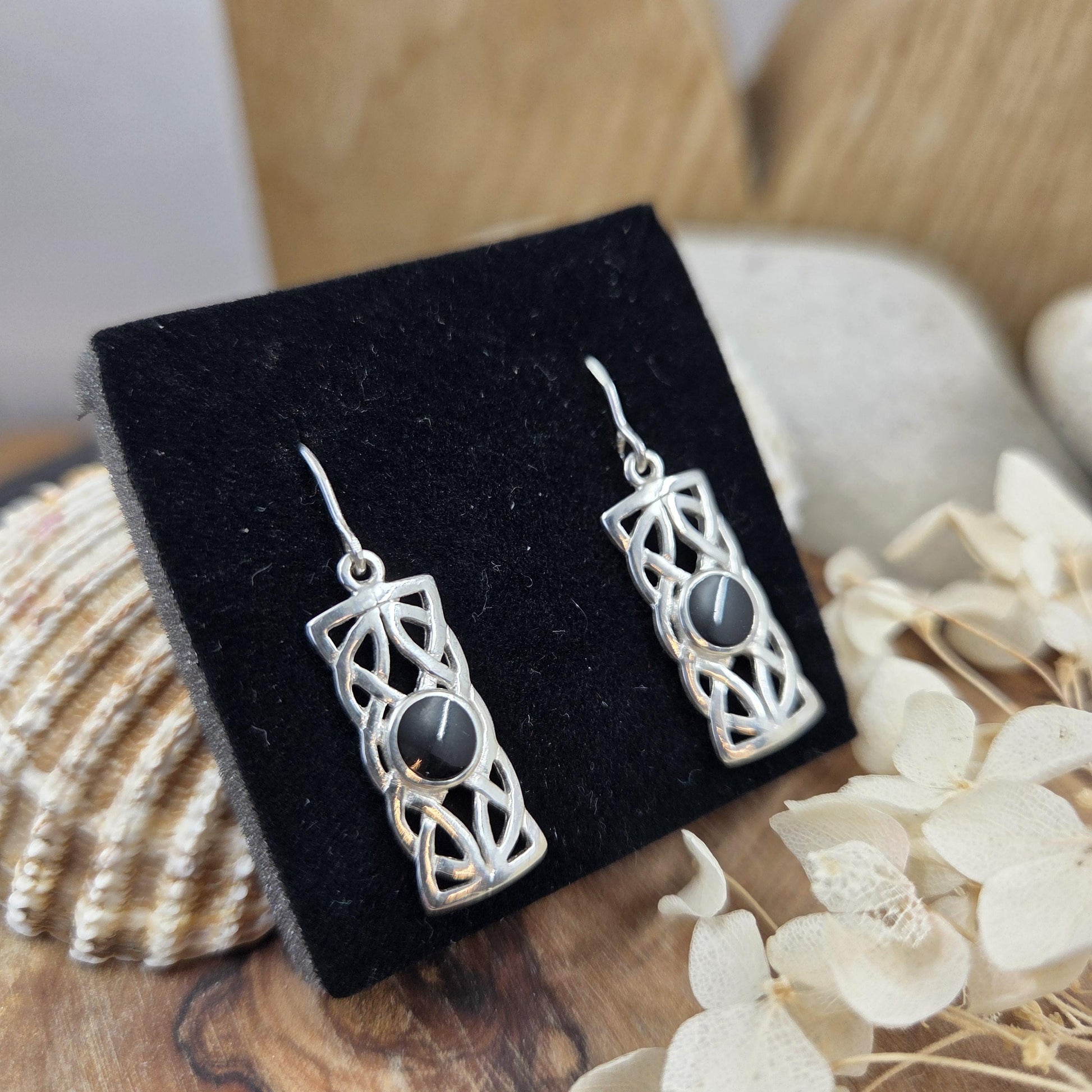 Handmade Whitby Jet Celtic Style Box Drop Earrings | Sterling Silver Jones Stones