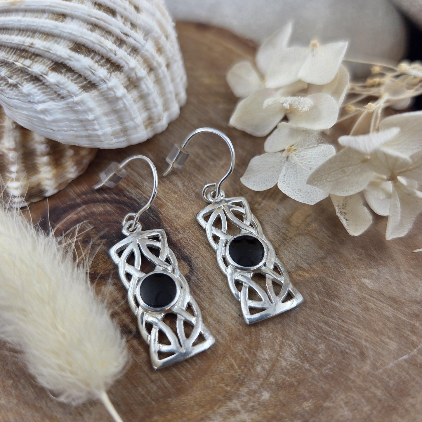Handmade Whitby Jet Celtic Style Box Drop Earrings | Sterling Silver Jones Stones