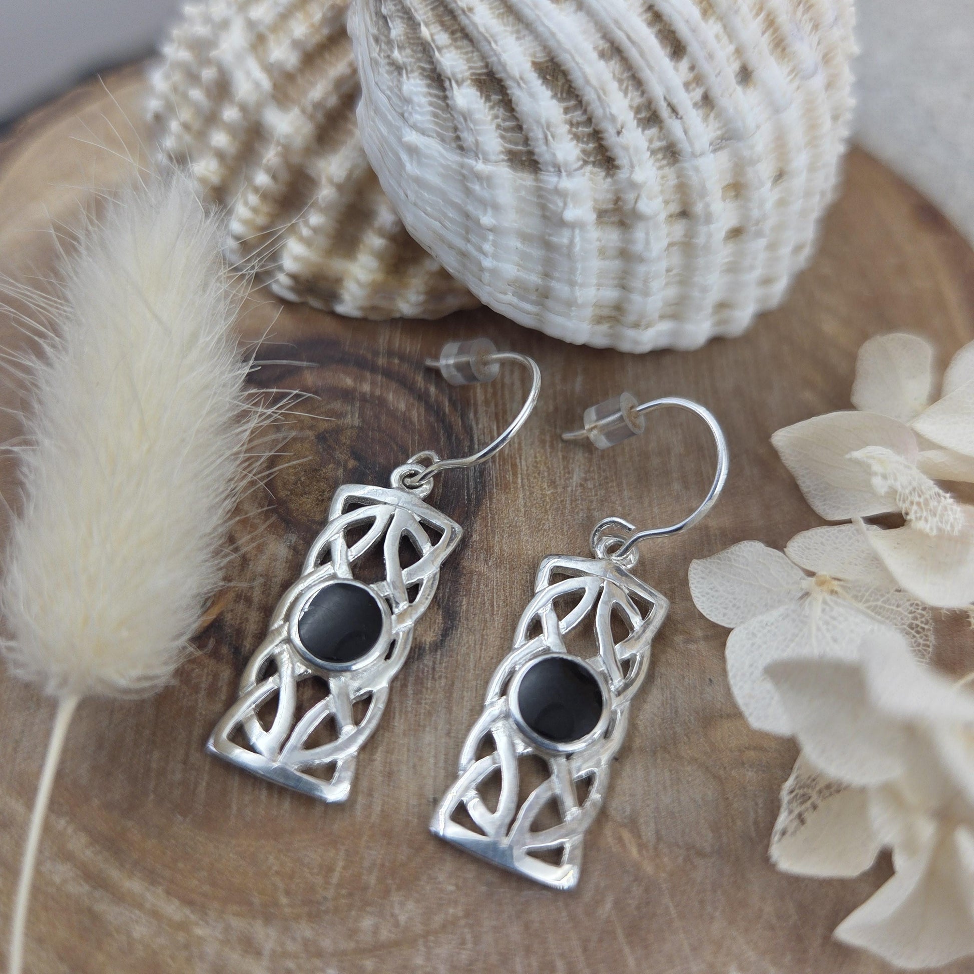 Handmade Whitby Jet Celtic Style Box Drop Earrings | Sterling Silver Jones Stones