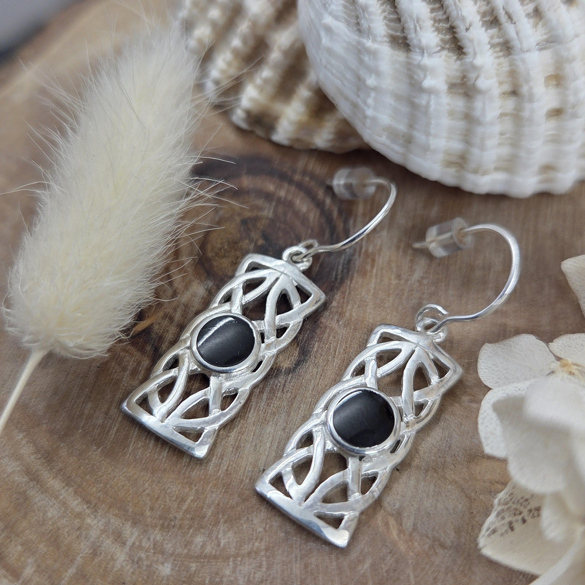Handmade Whitby Jet Celtic Style Box Drop Earrings | Sterling Silver Jones Stones